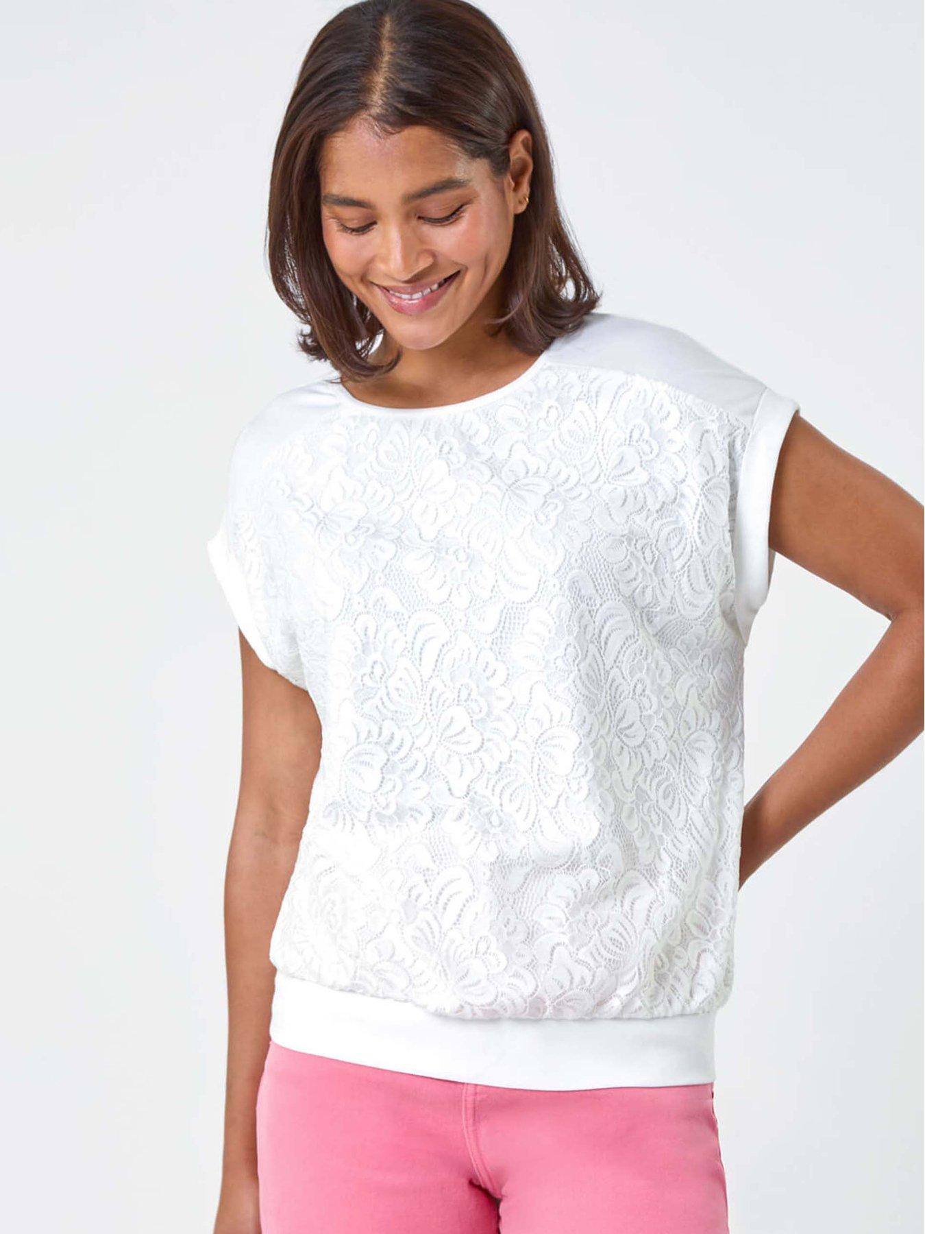 undefined Lace Panel Stretch Jersey Top - Ivory