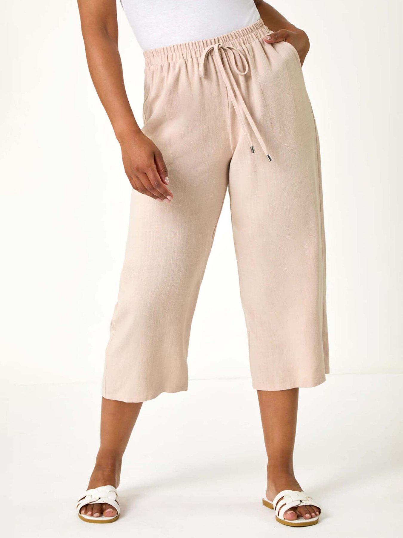 Roman Petite Linen Mix Wide Cropped Trousers - Stone