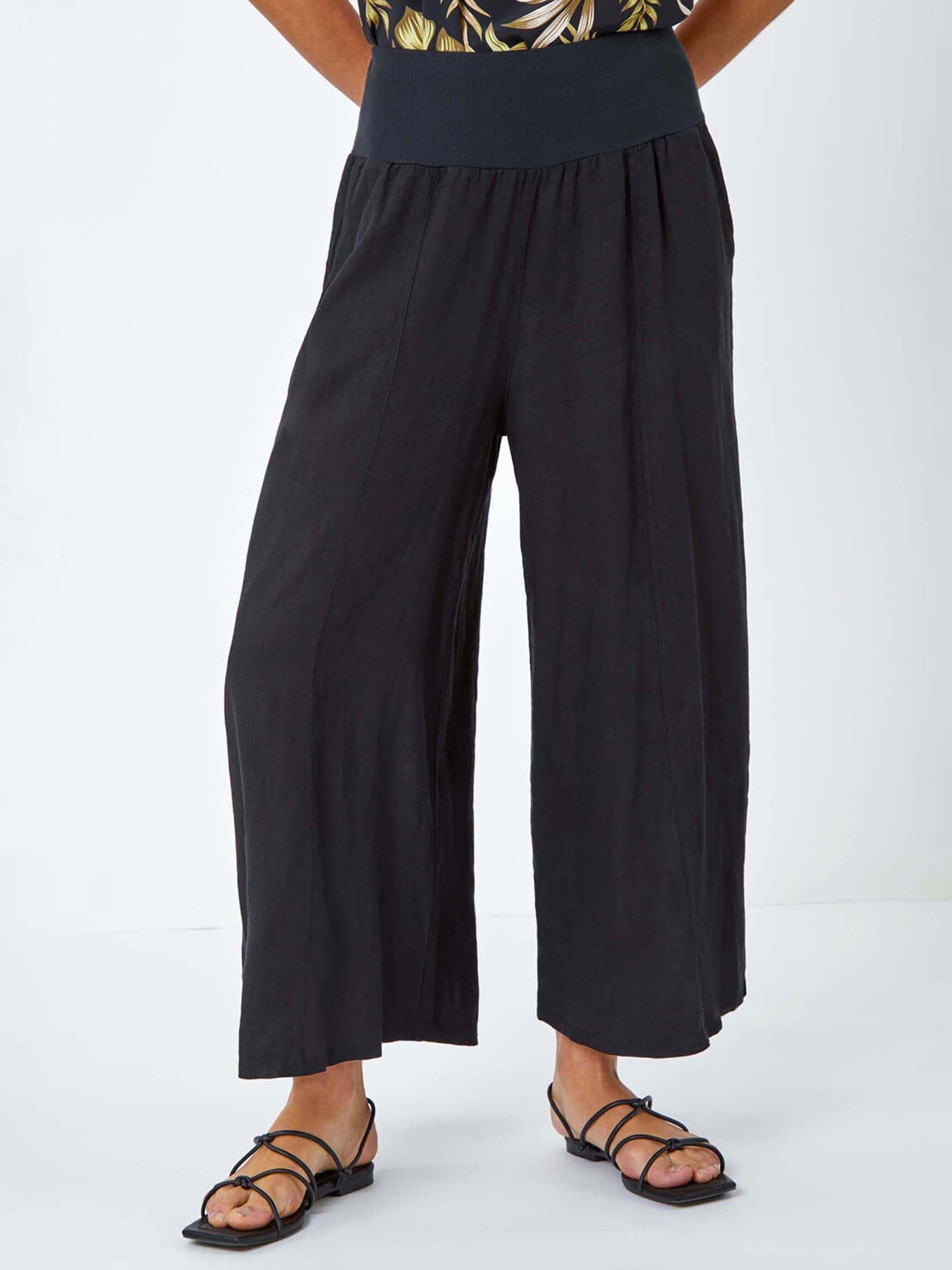 Image 1 of 5 of Roman Linen Blend Stretch Waist Culottes - Black