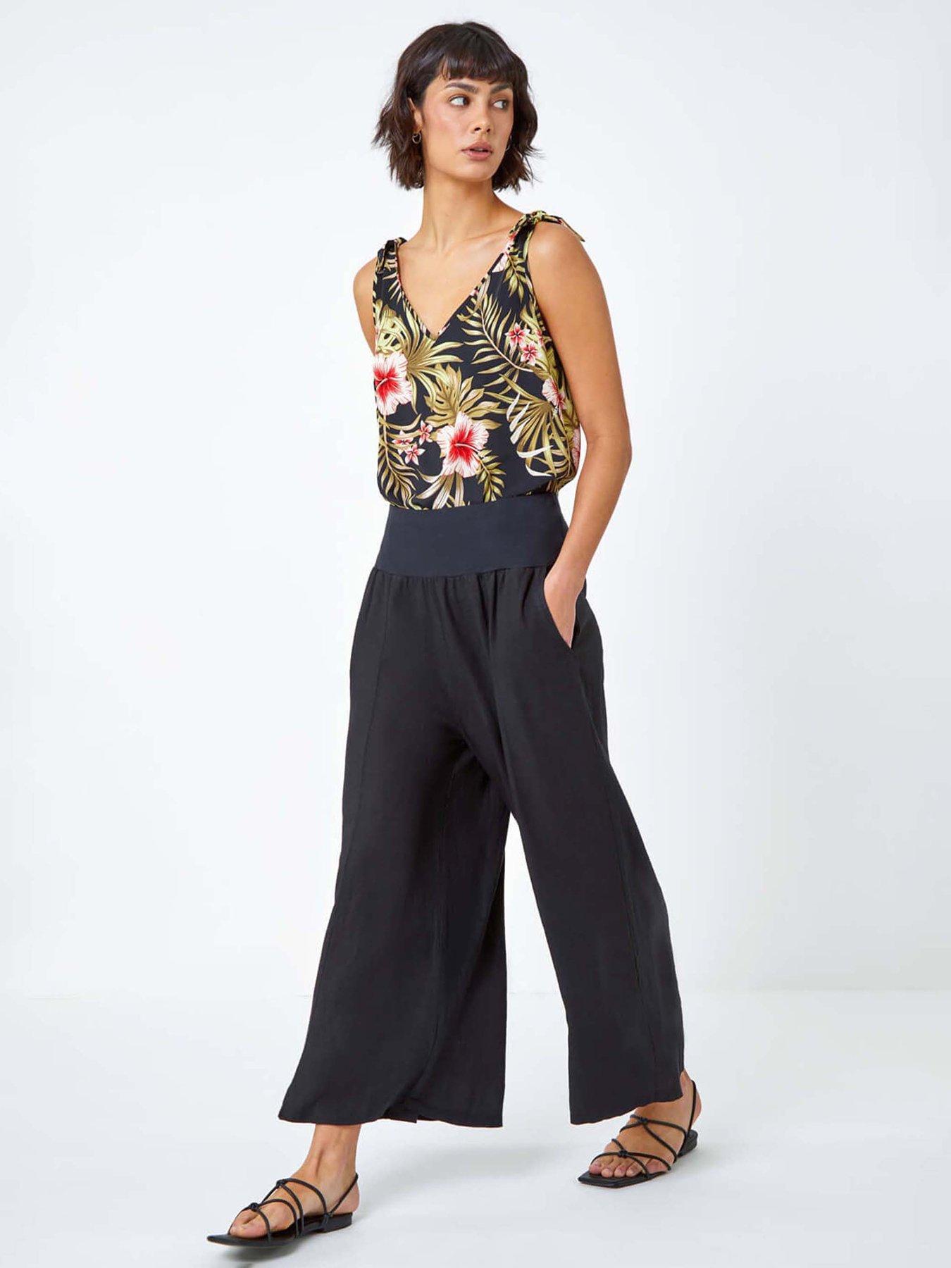 Image 3 of 5 of Roman Linen Blend Stretch Waist Culottes - Black