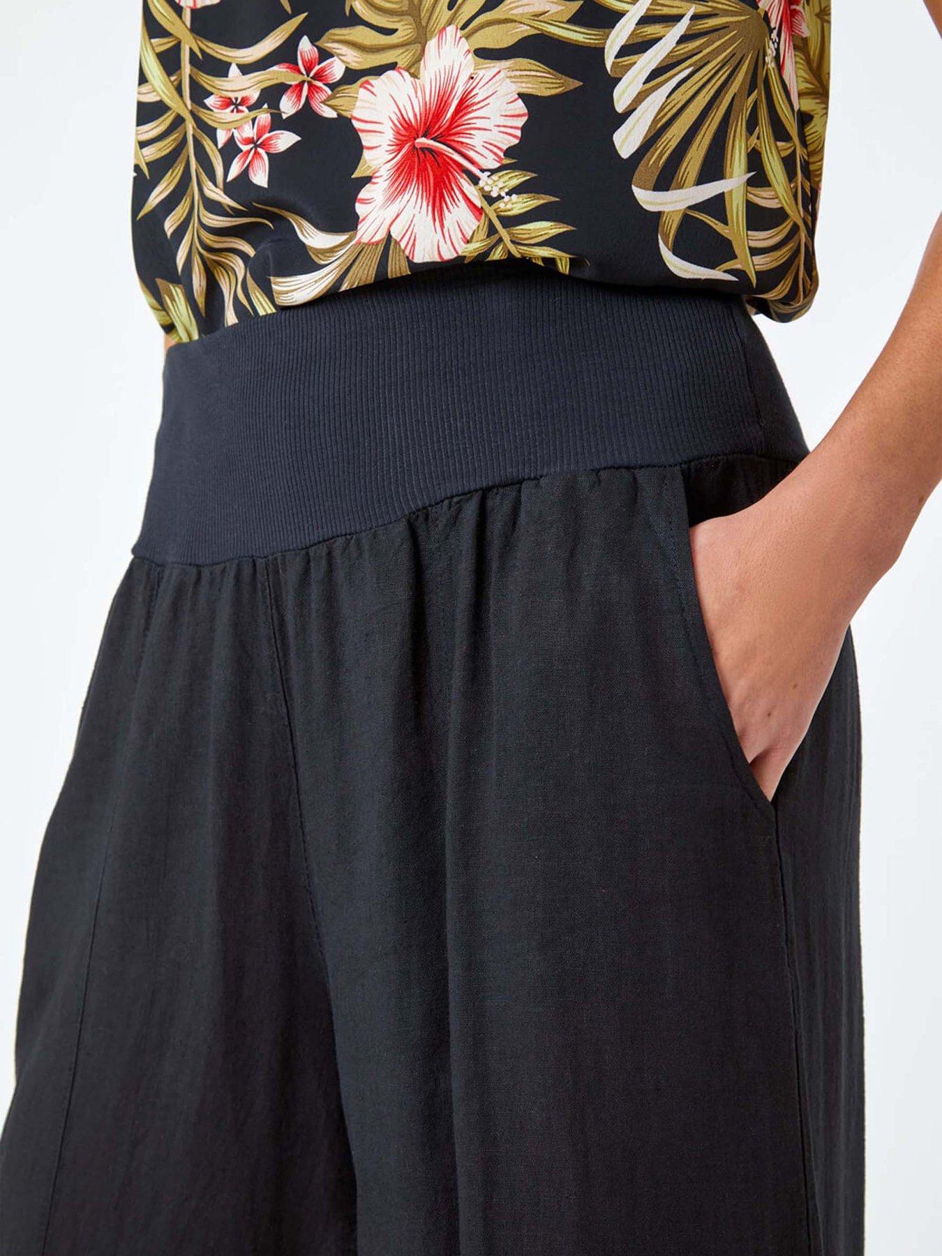 Image 4 of 5 of Roman Linen Blend Stretch Waist Culottes - Black