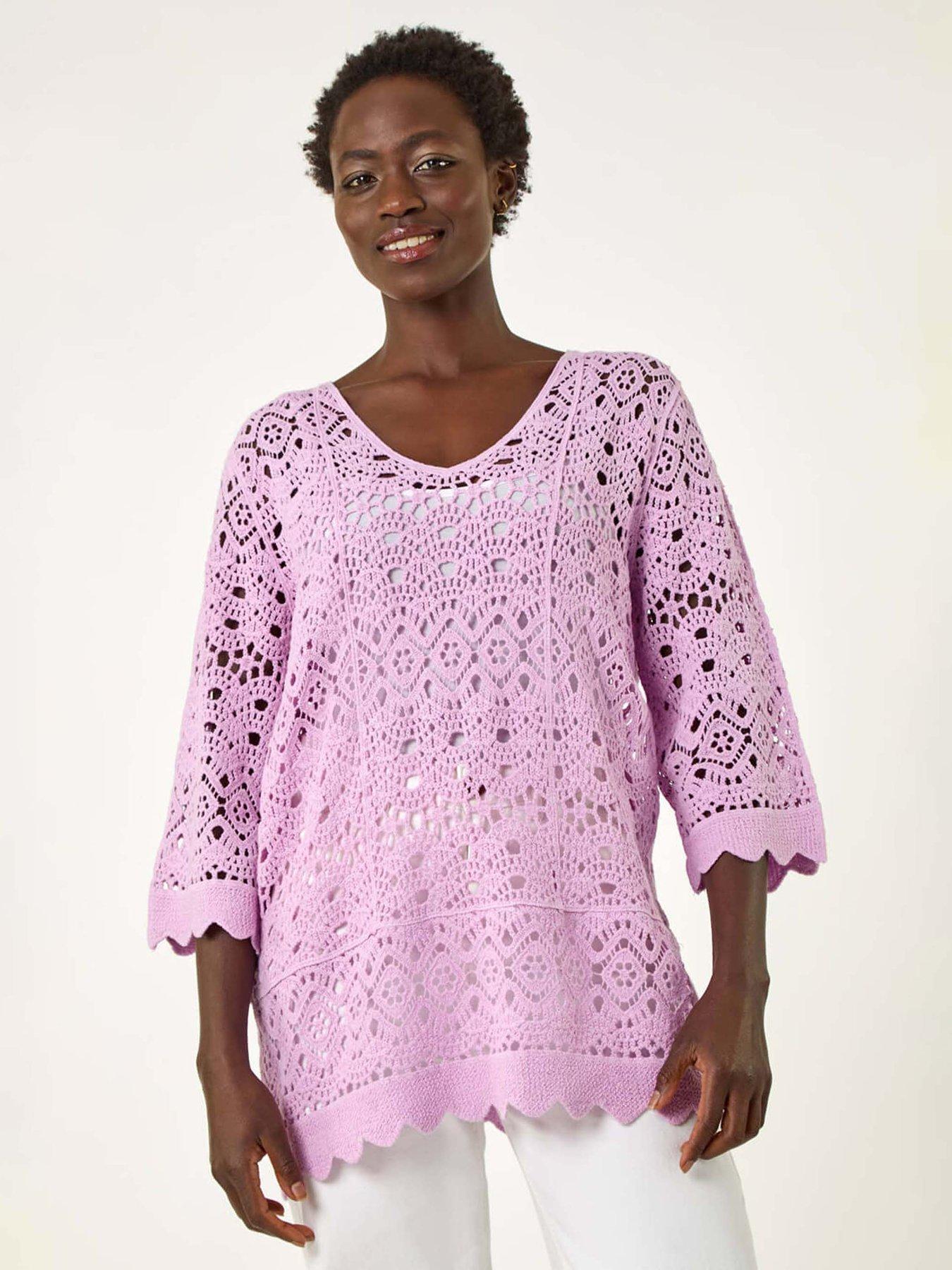 undefined Crochet Scallop Edge Knit Tunic - Lavender