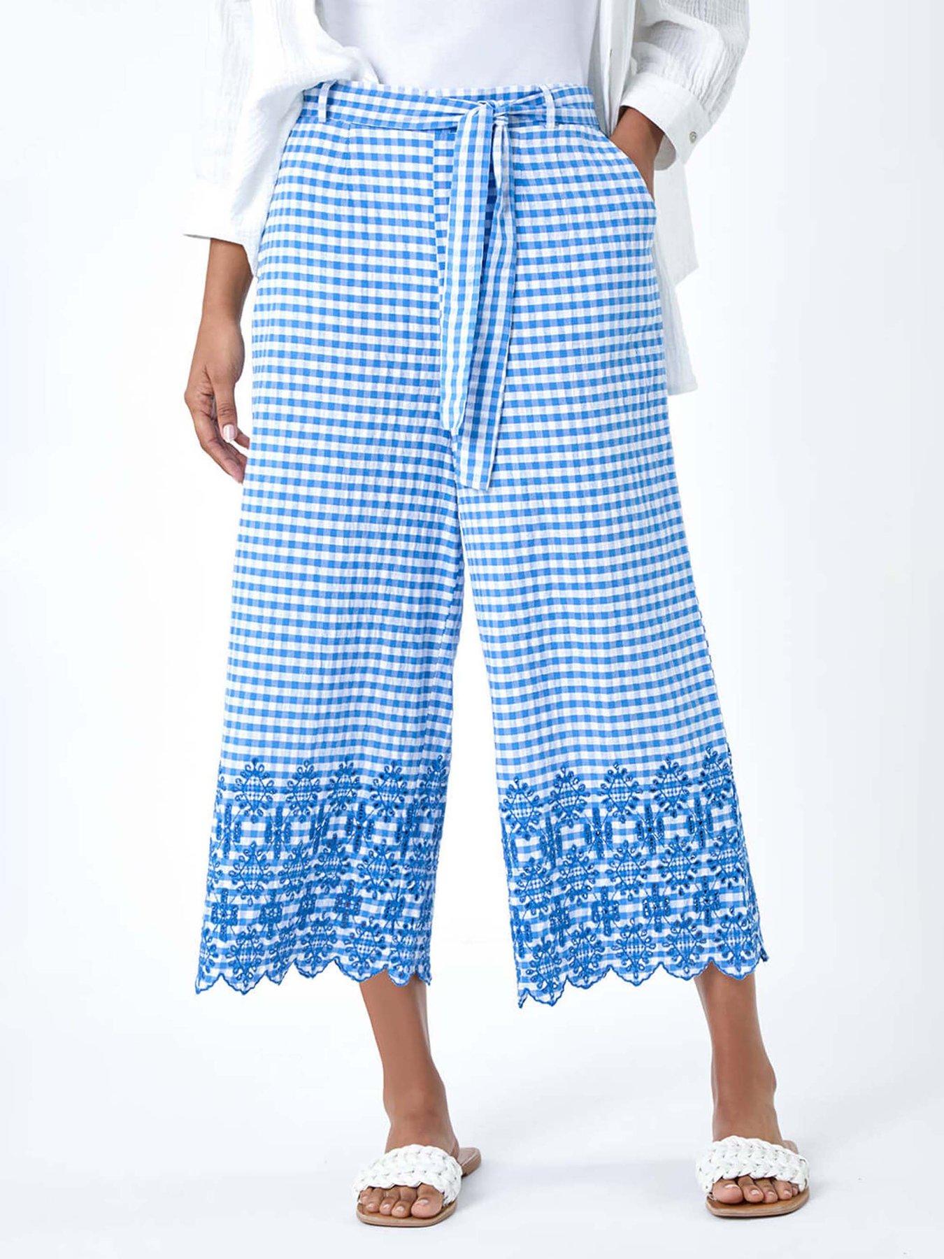 undefined Gingham Cotton Broderie Cropped Trousers - Blue