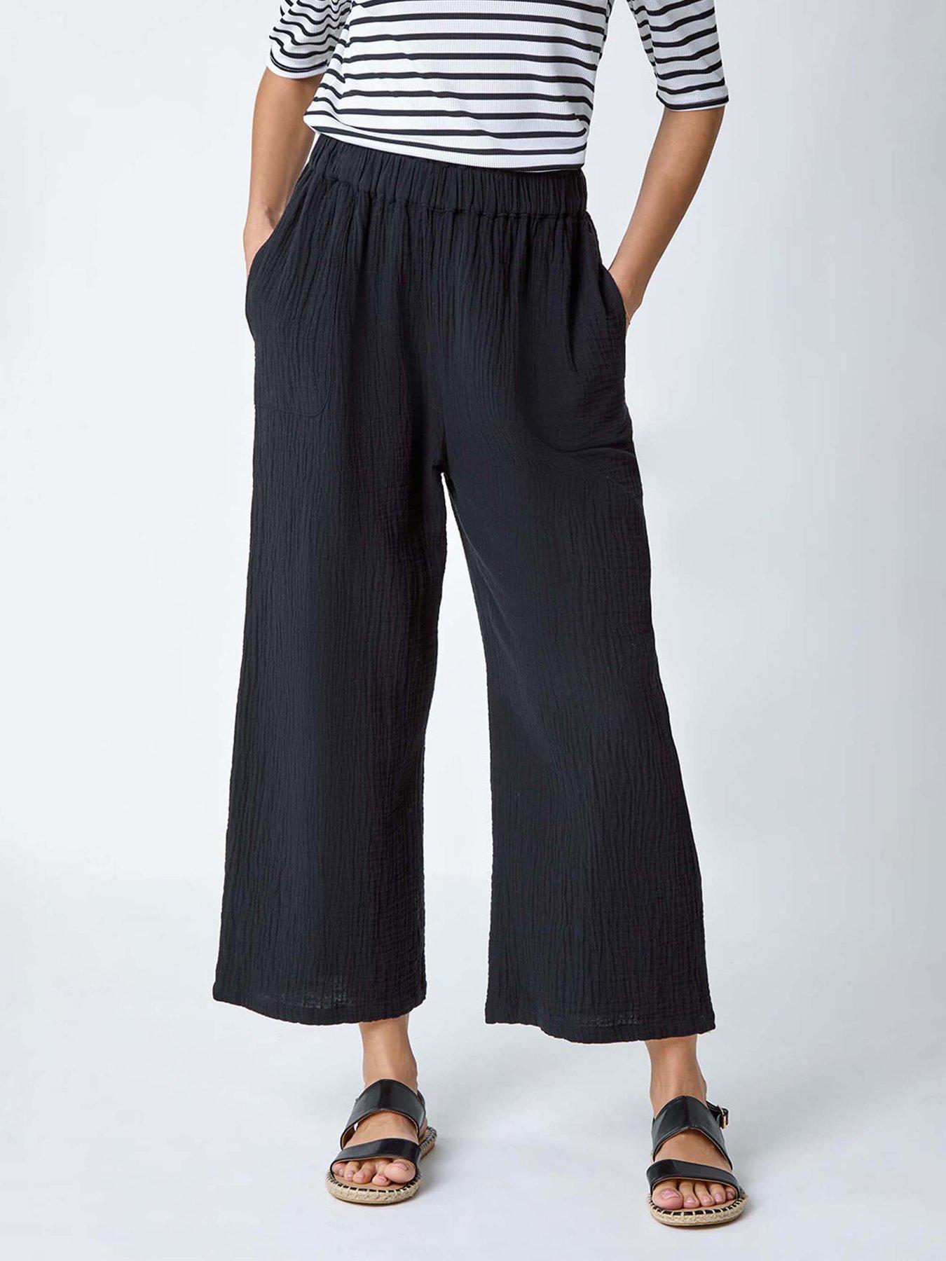 undefined Textured Cotton Elastic Waist Culotte Trousers - Black