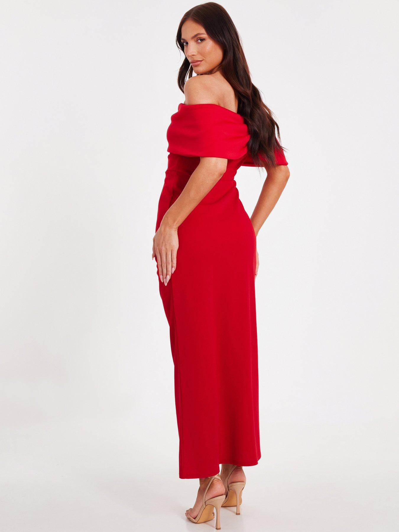 Image 2 of 6 of Quiz Petite Red Bardot Front Wrap Maxi Dress