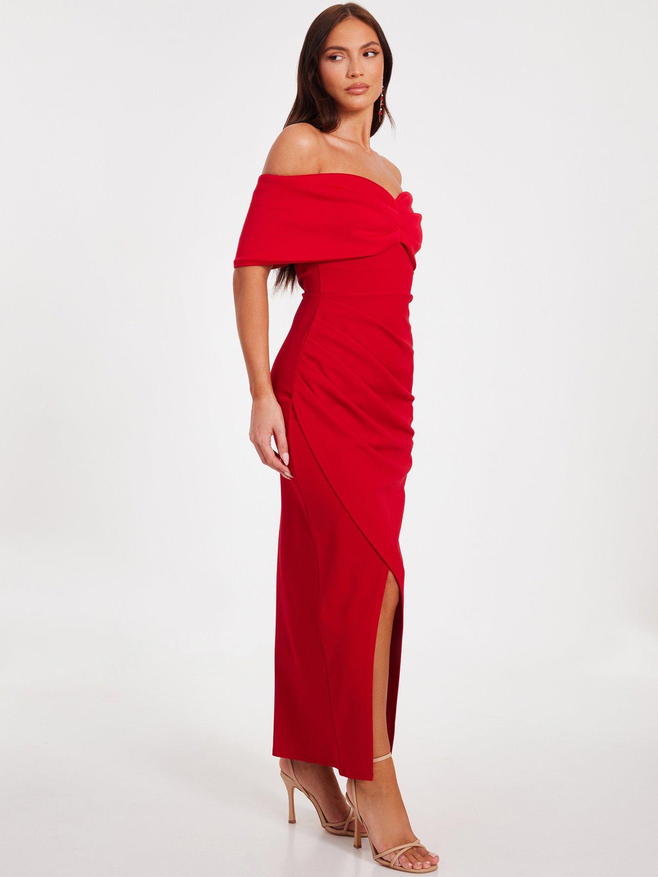 Image 3 of 6 of Quiz Petite Red Bardot Front Wrap Maxi Dress