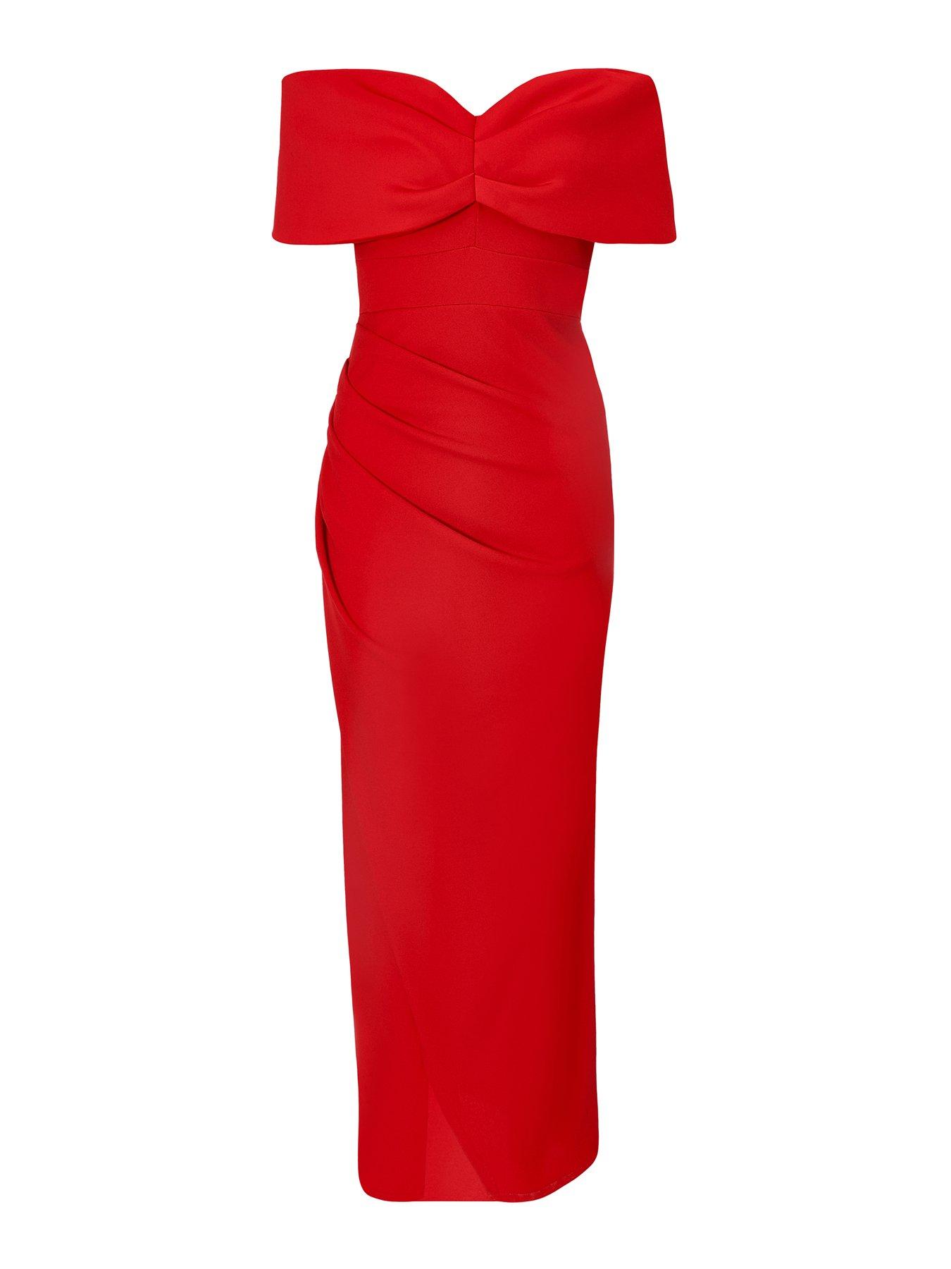 Image 4 of 6 of Quiz Petite Red Bardot Front Wrap Maxi Dress