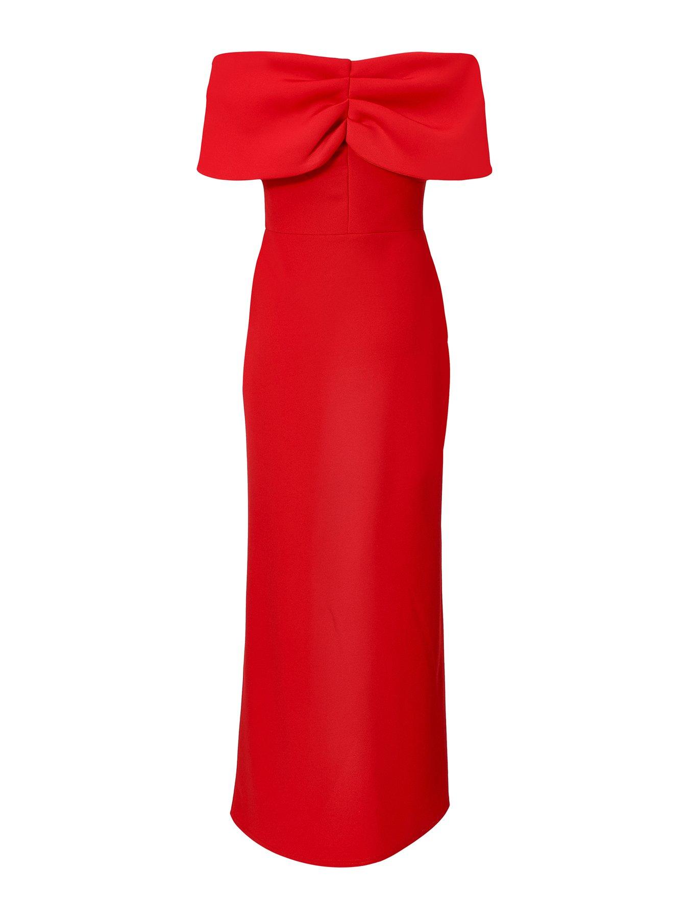 Image 5 of 6 of Quiz Petite Red Bardot Front Wrap Maxi Dress