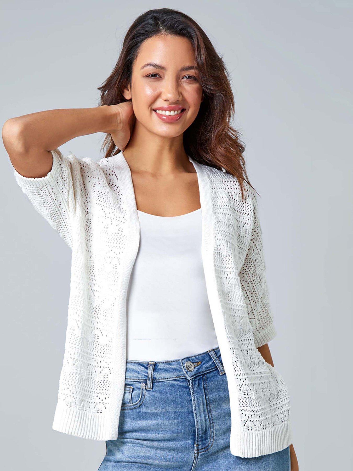 Roman Stitch Detail Knit Cardigan - Ivory