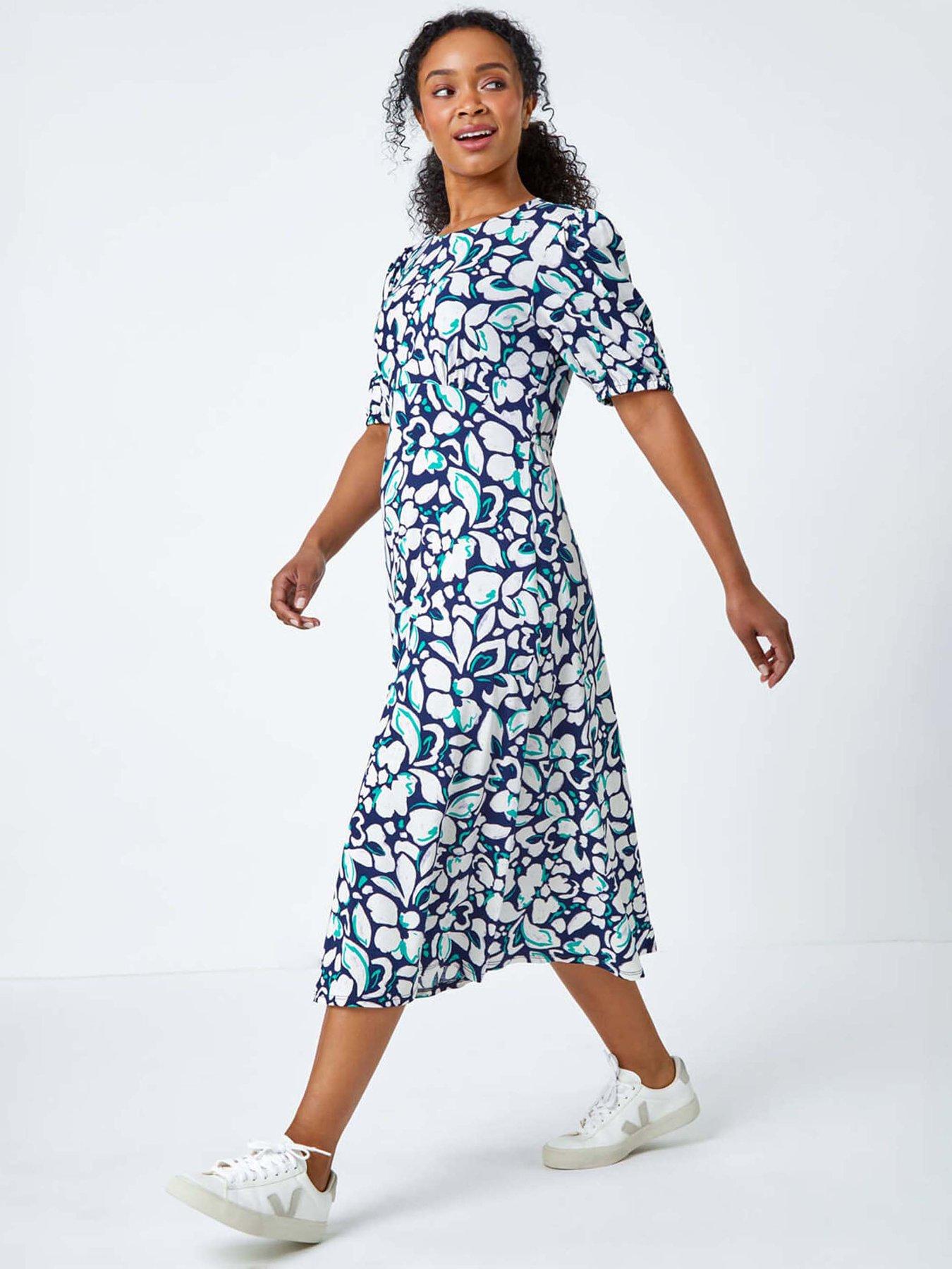 Roman Petite Floral Stretch Midi Dress - Navy