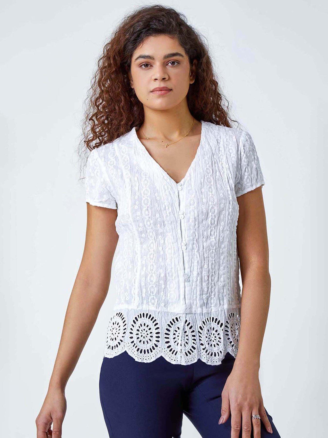Roman Cotton Embroidered Crinkle Blouse - White