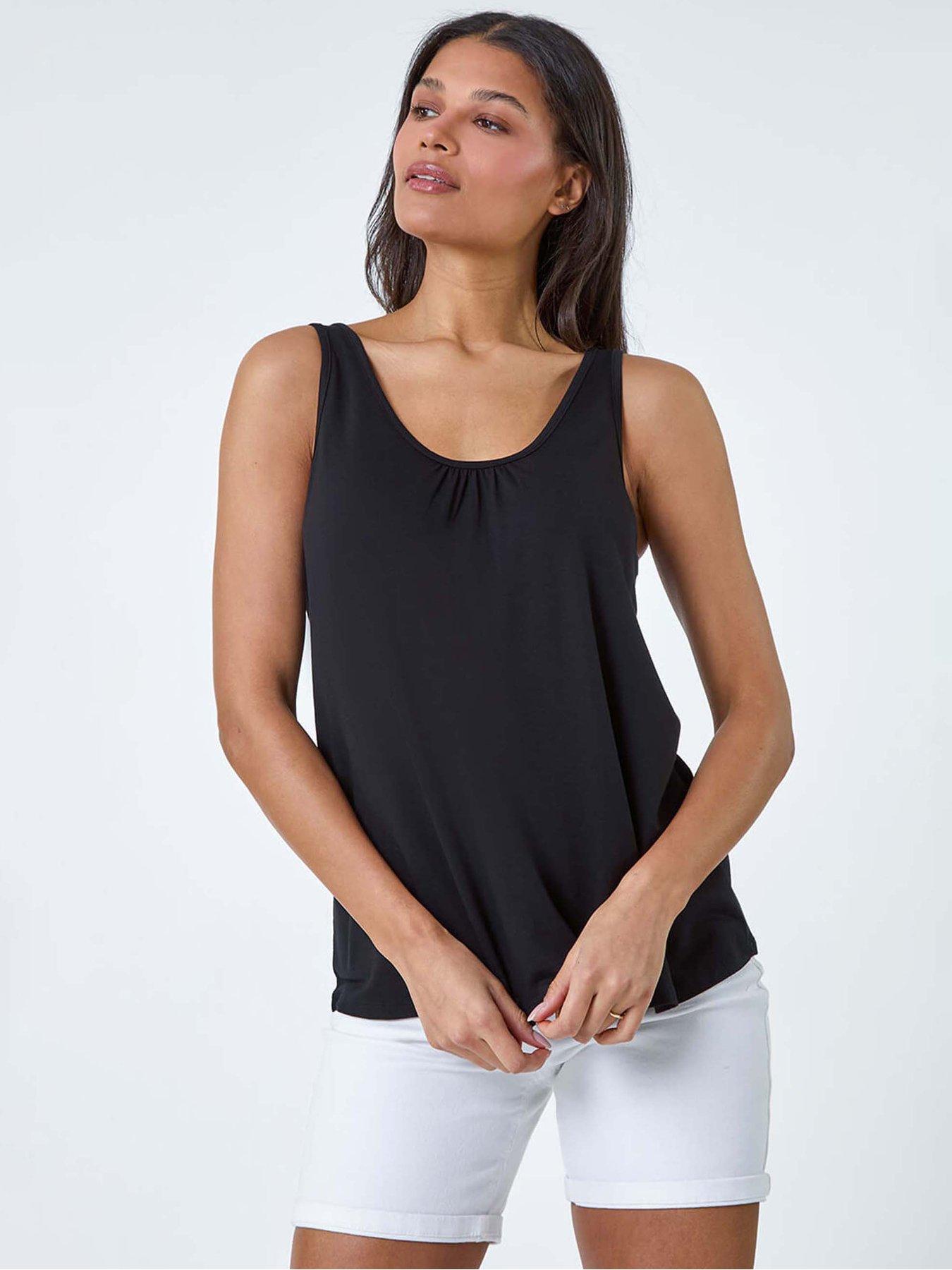 Roman Plain V-neck Stretch Jersey Vest Top - Black