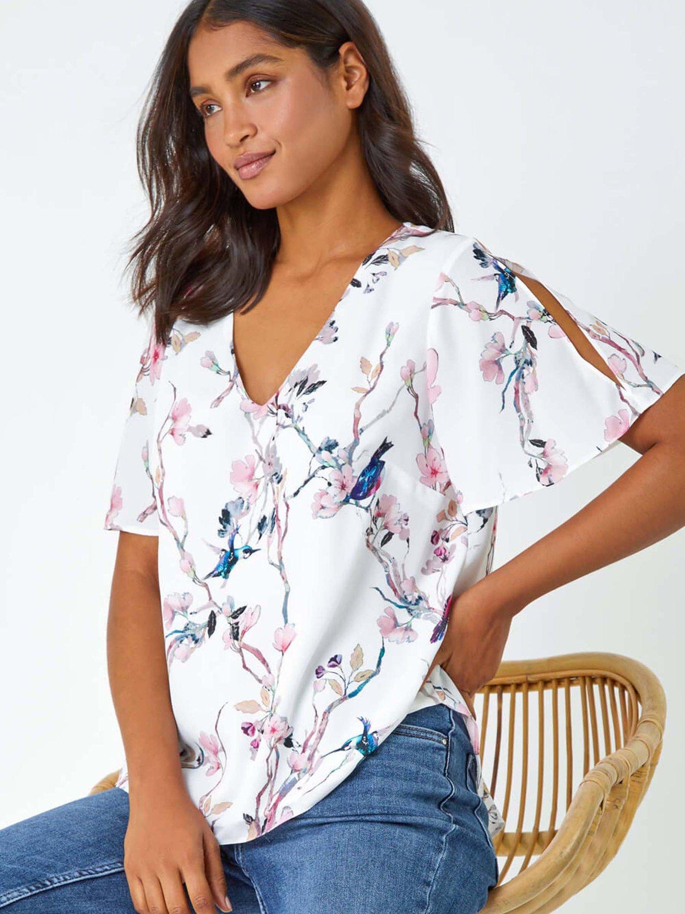 Roman Floral Angel Sleeve V-neck Top - Ivory