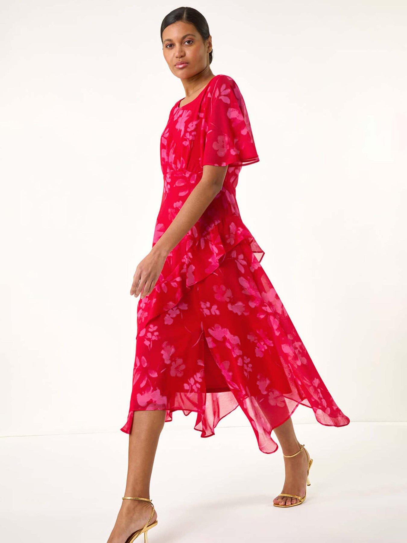 undefined Floral Frill High Low Midi Dress - Red