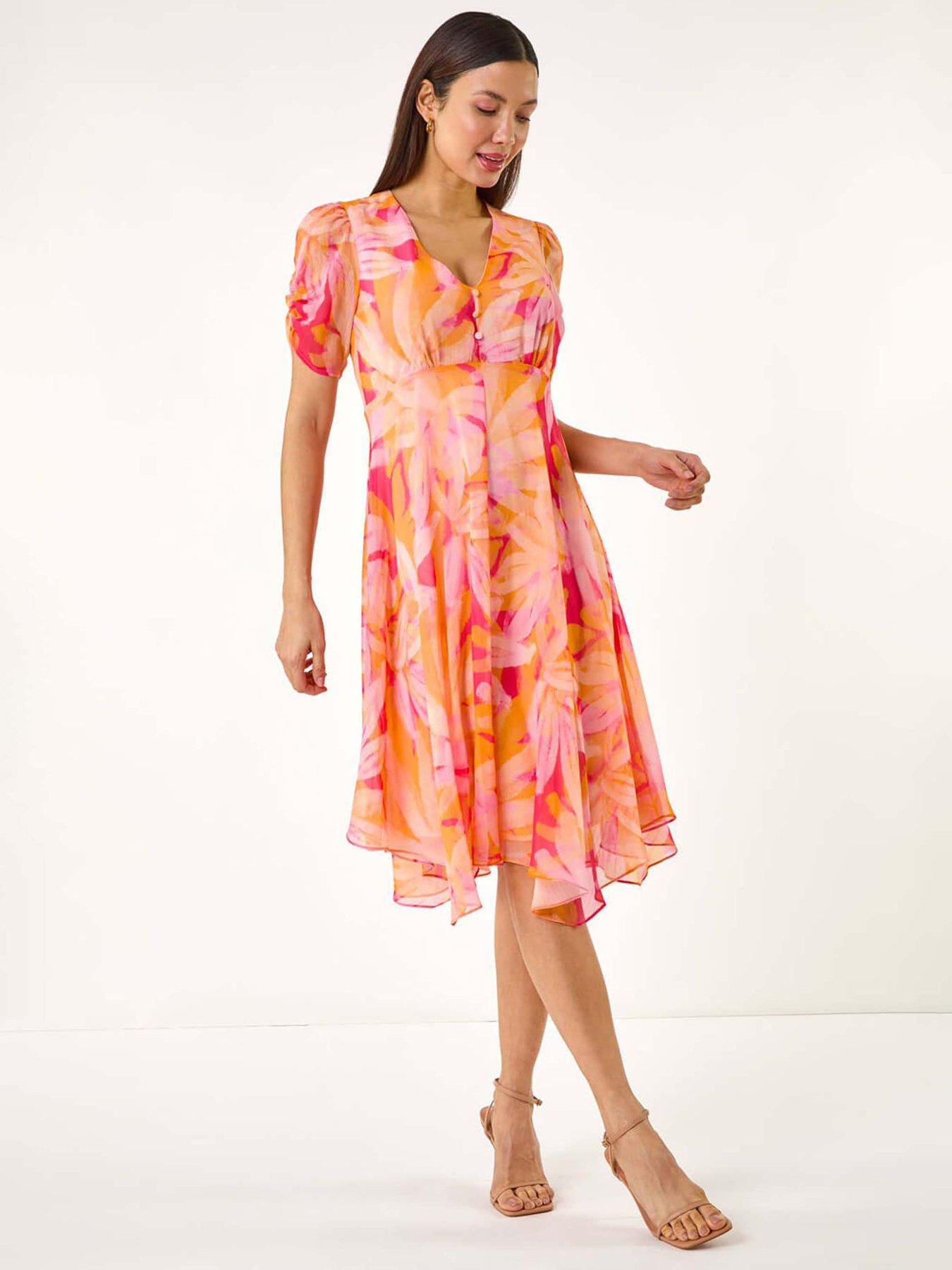 Roman Abstract Painted Floral Hanky Hem Dress - Orange