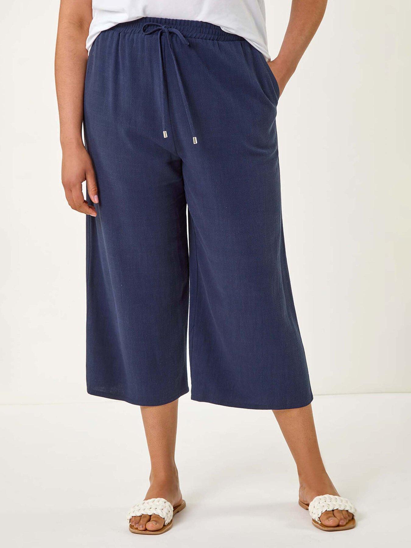 undefined Curve Linen Mix Cropped Trousers - Navy
