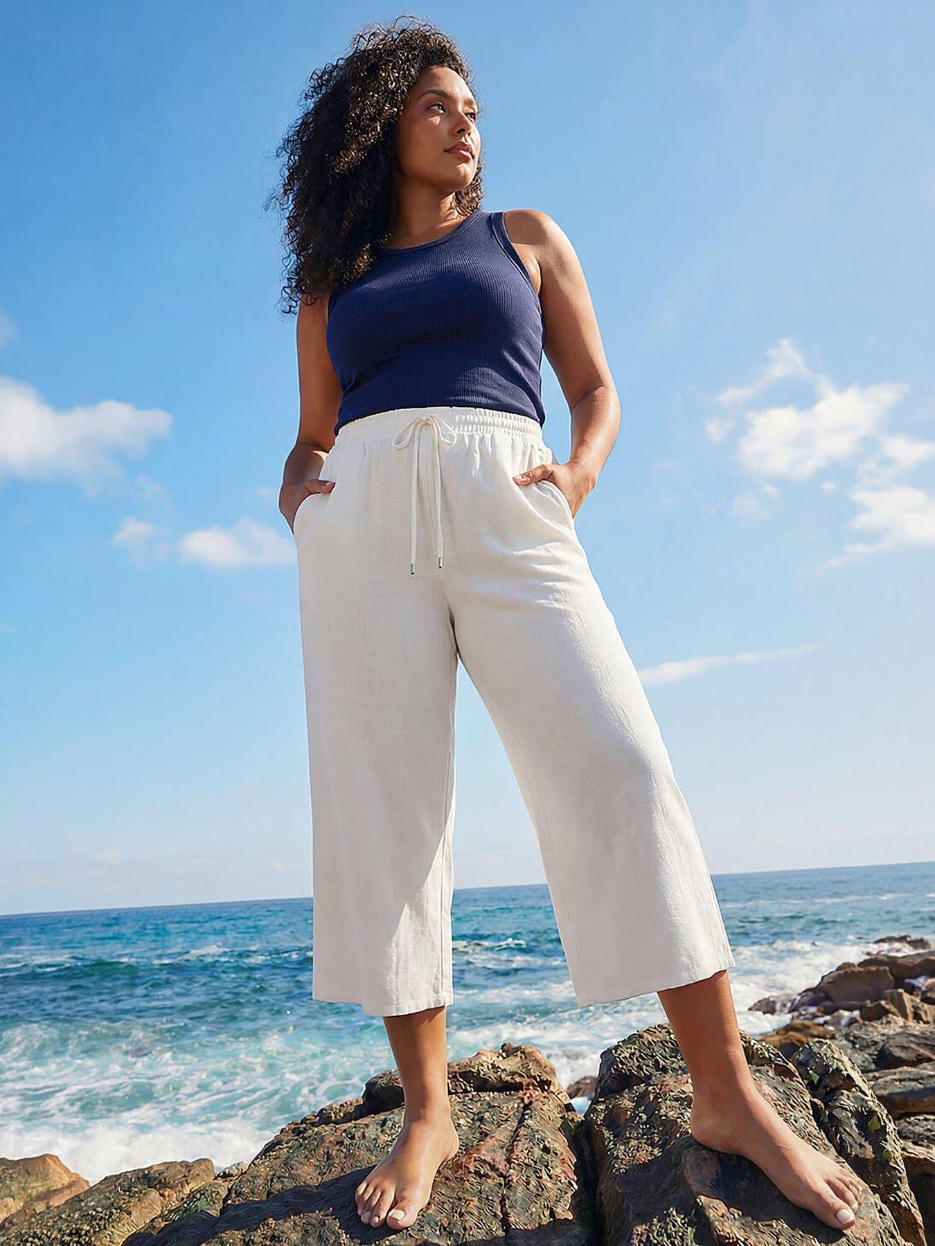 Roman Curve Linen Mix Cropped Trousers - White