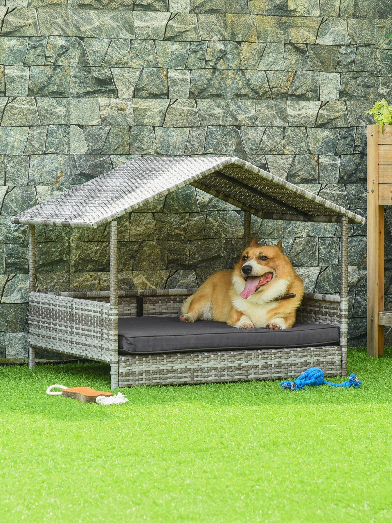 PawHut Rattan Pet Bed with Soft Cushion- Dark Grey