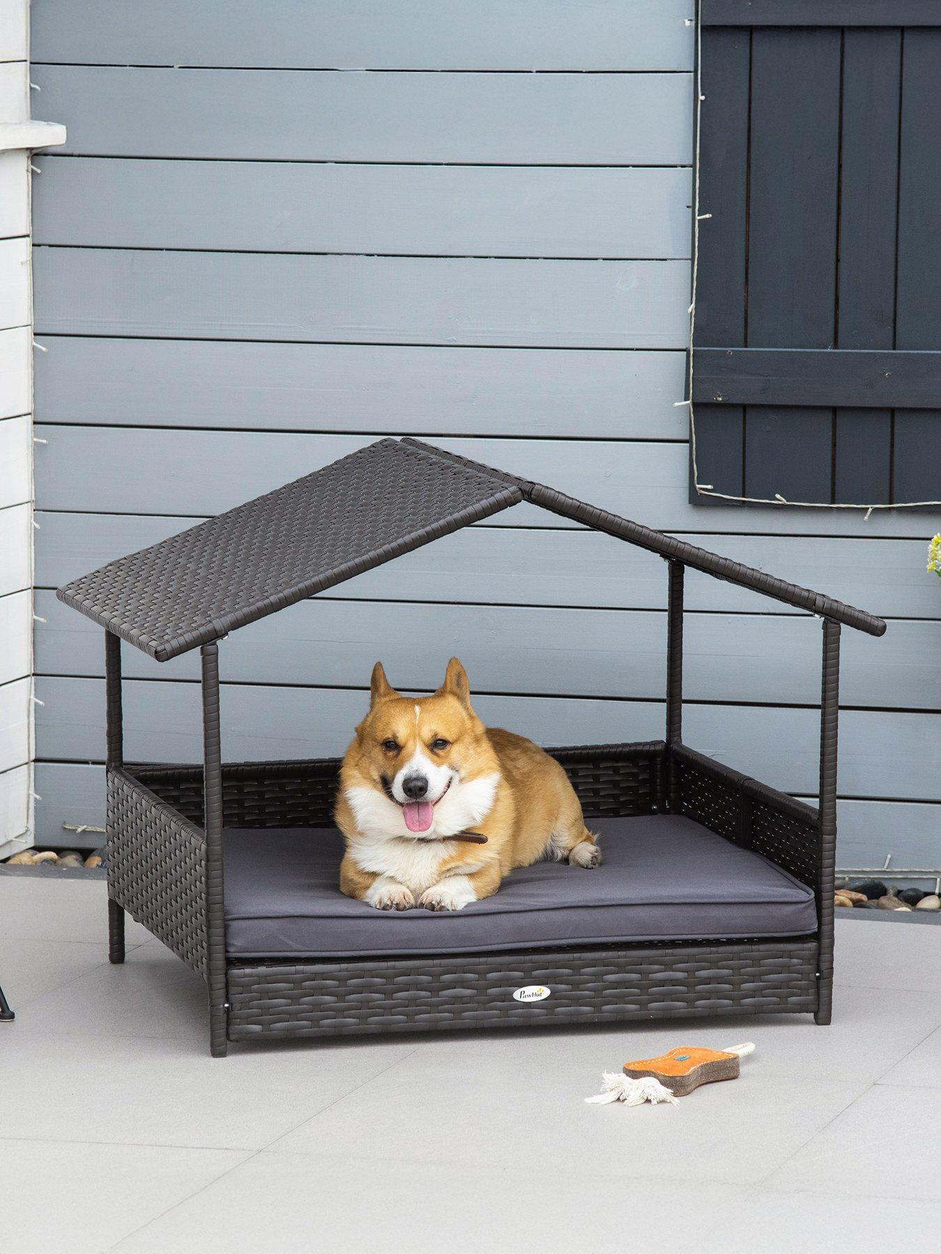 PawHut Rattan Pet Bed with Soft Cushion- Grey