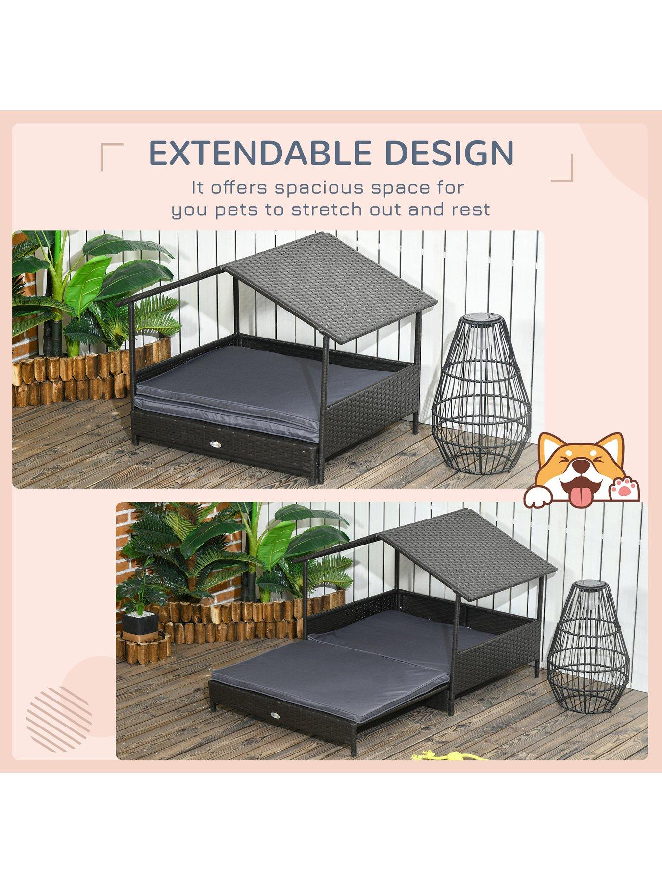Image 6 of 7 of PawHut Extendable Rattan Pet Bed With Water-Resistant Roof -Grey