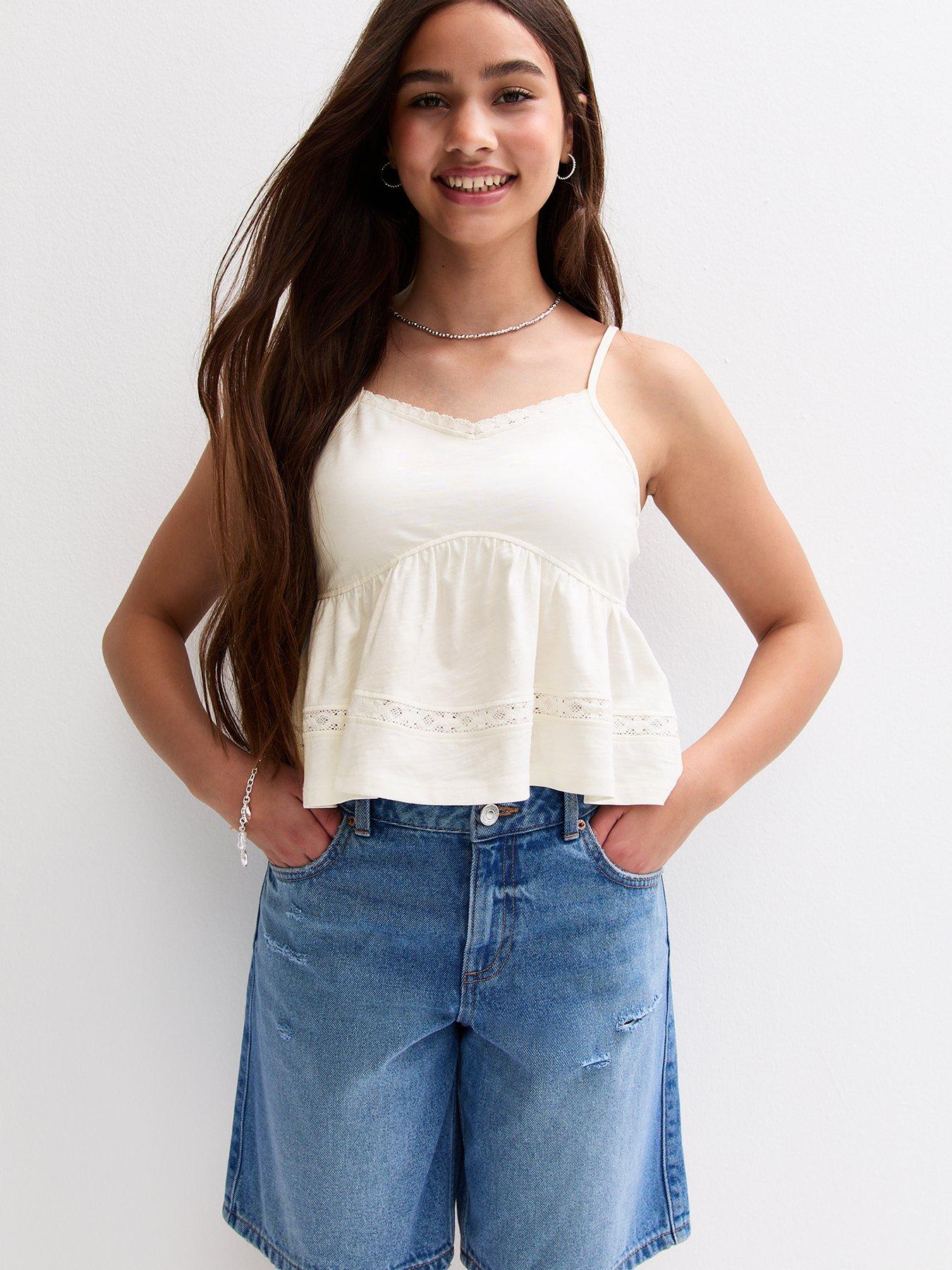 undefined Girls White Lace Insert V-neck Cami Top
