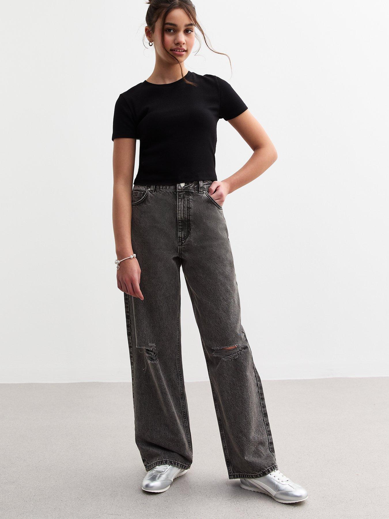 undefined Trinity Ripped Wide Leg Jeans - Black