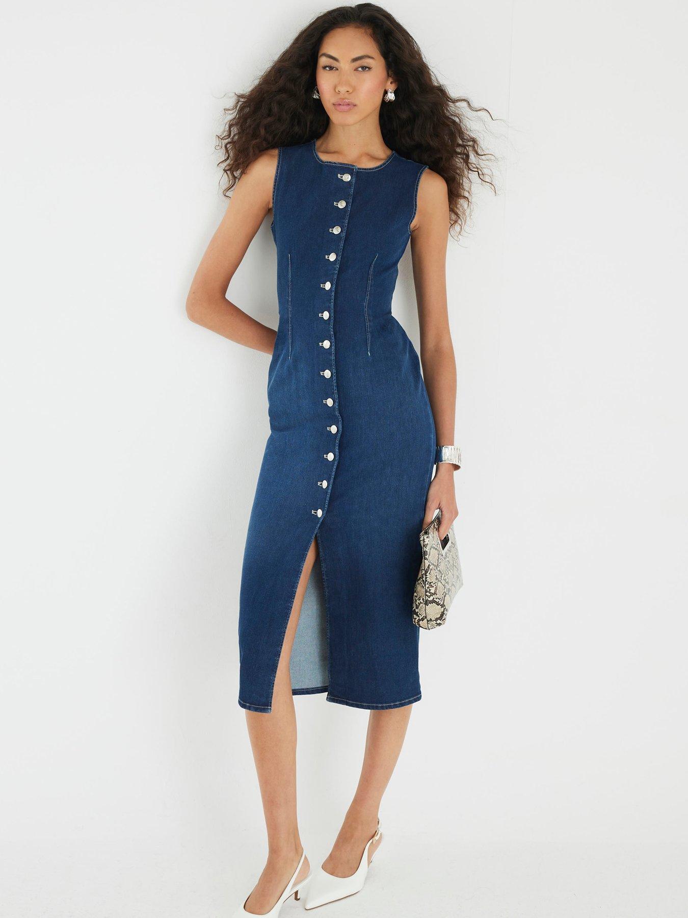undefined Bea Button Front Midi Dress - Blue
