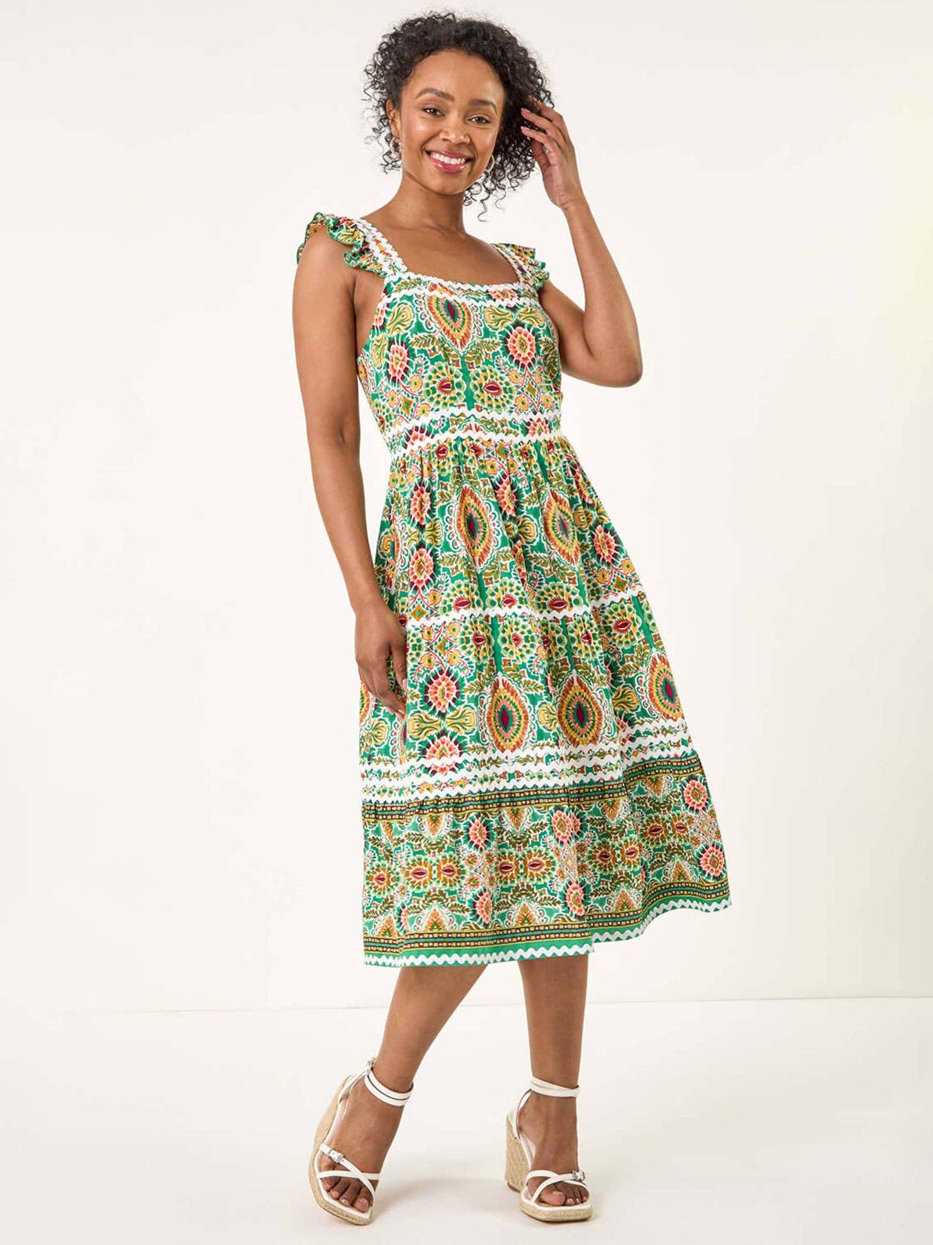 undefined Petite Abstract Frill Ric Rac Midi Dress - Green