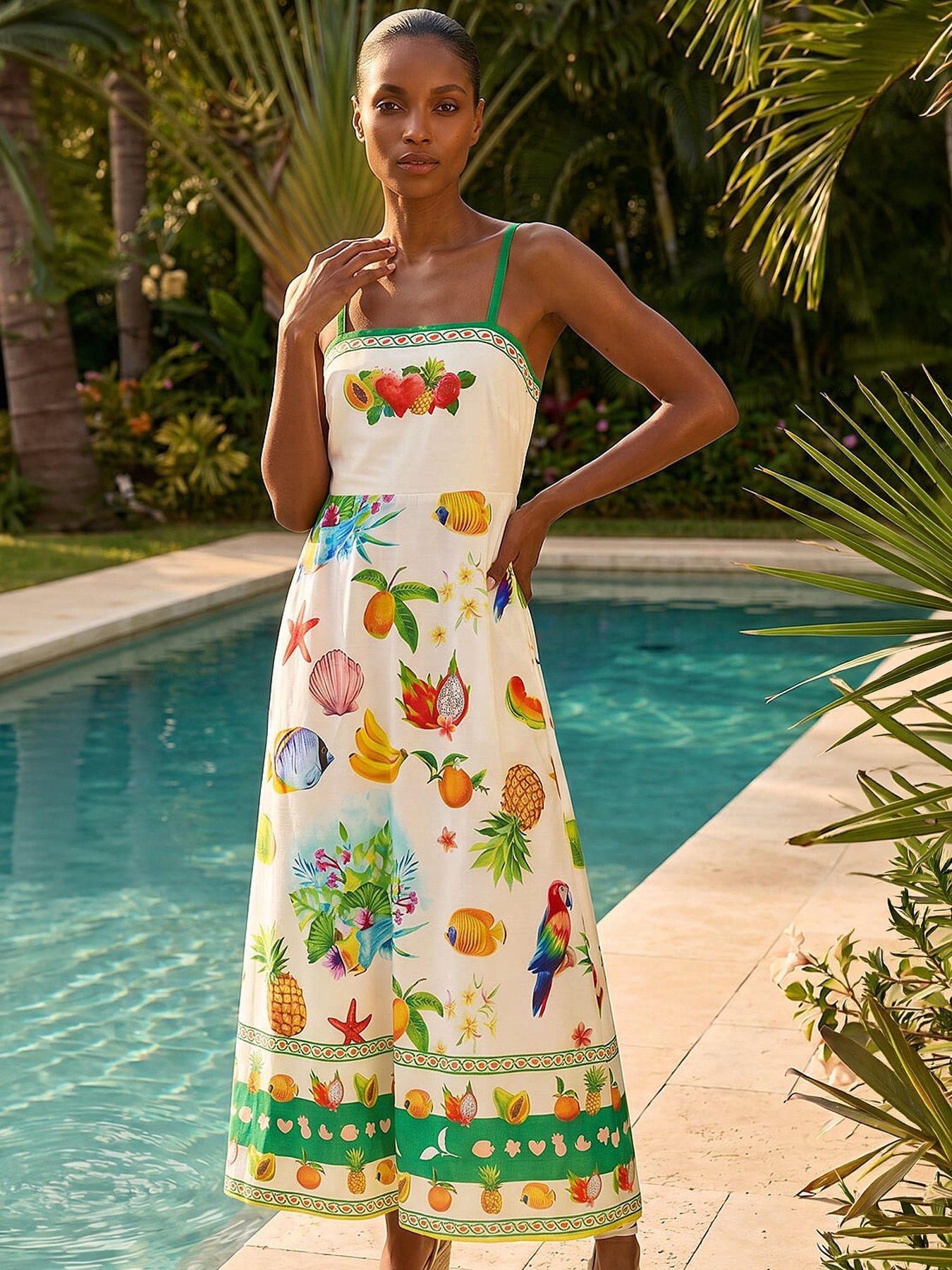 Roman Fruit Print Strap Detail Midi Dress - White