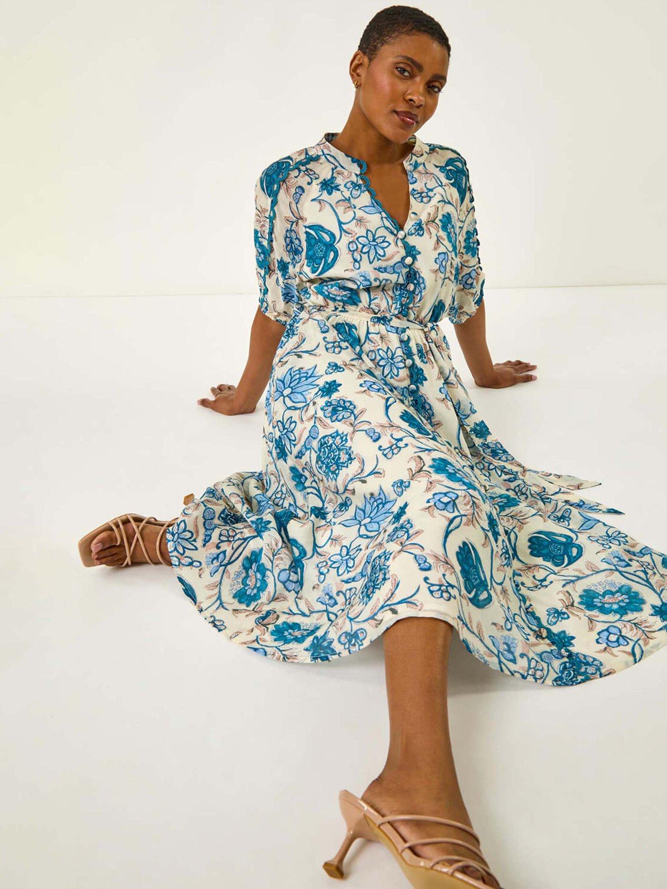 undefined Floral Print Midi Shirt Dress - Blue