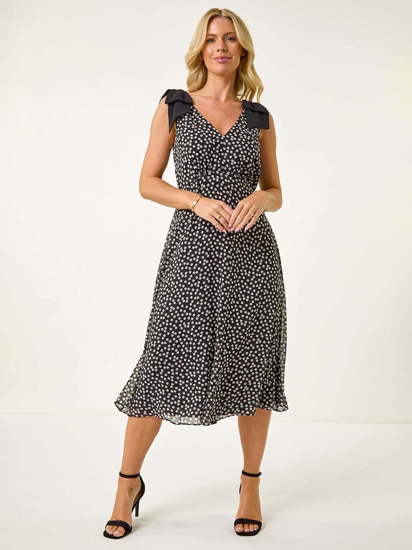undefined Petite Spot Print Bow Midi Dress - Black
