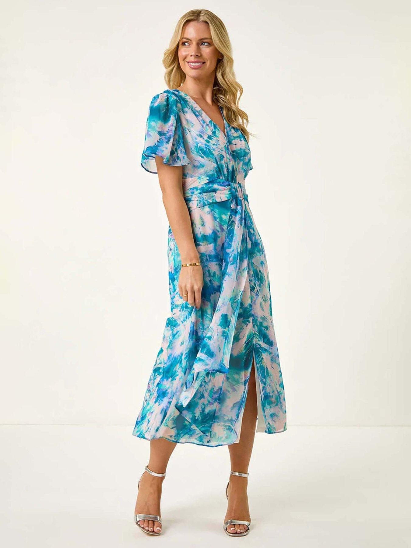 Roman Petite Abstract Print Ruched Midi Dress - Turquoise