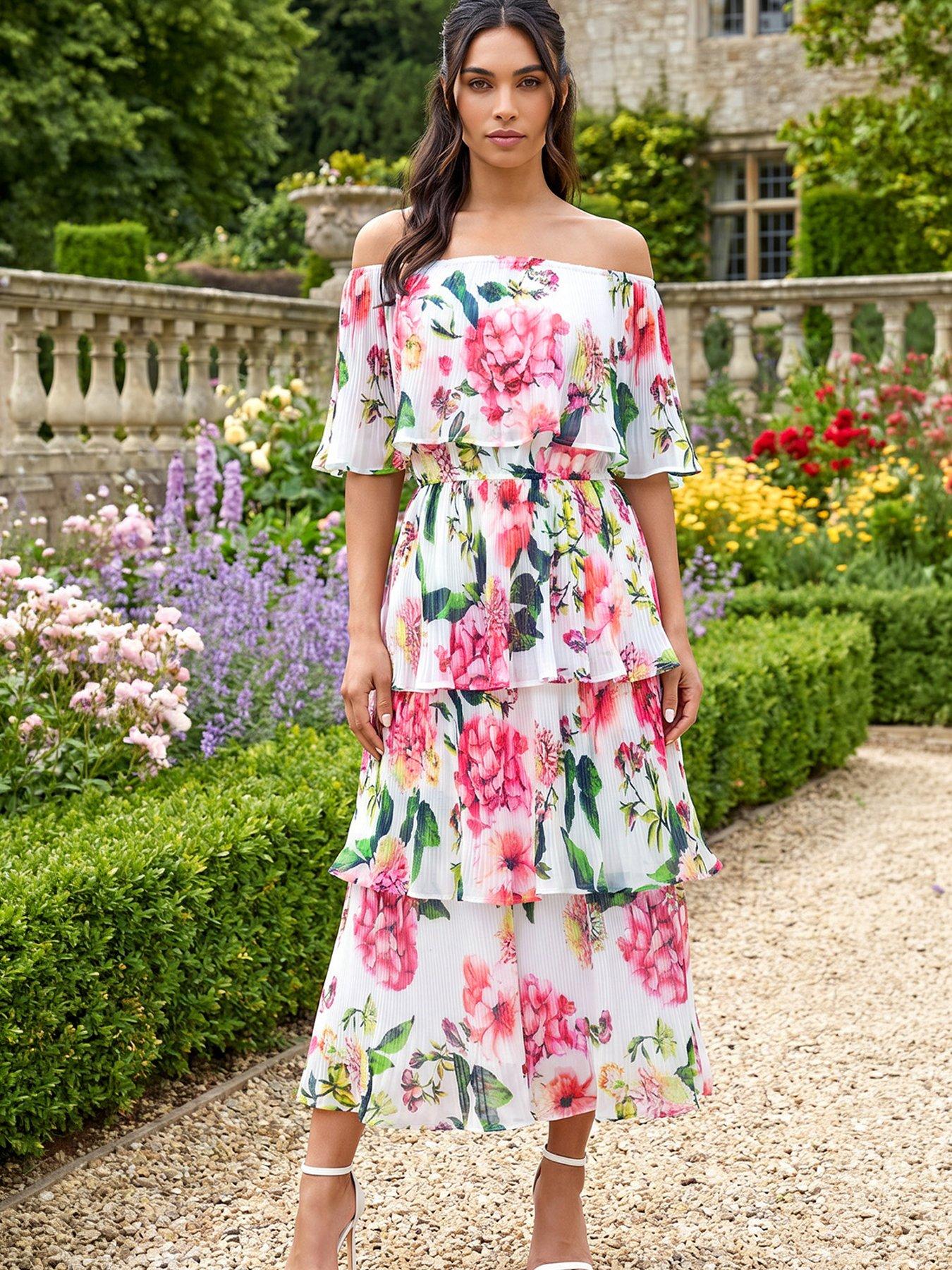 Roman Bardot Floral Tiered Dress - Ivory | Very