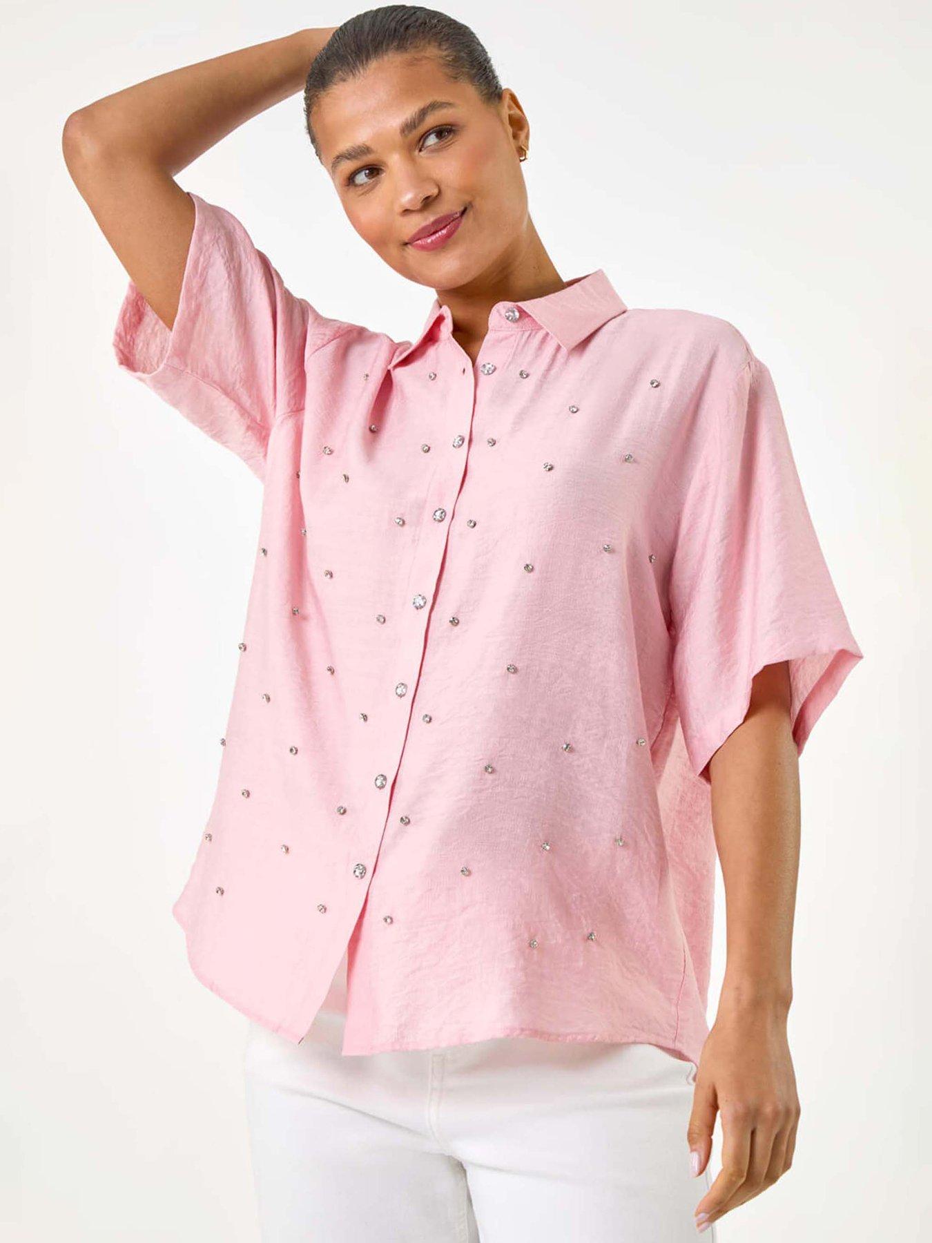 undefined Rhinestone Button Detail Collar Blouse - Light Pink