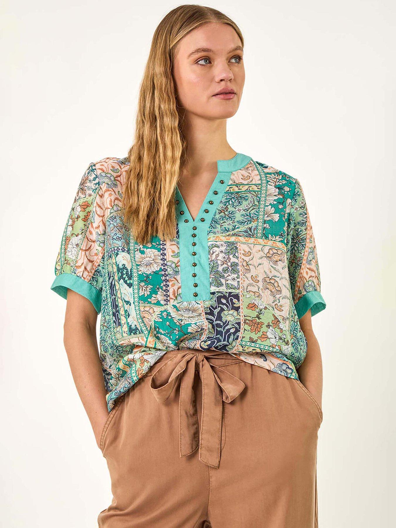undefined Patchwork Print V-neck Trim Detail Top - Blue