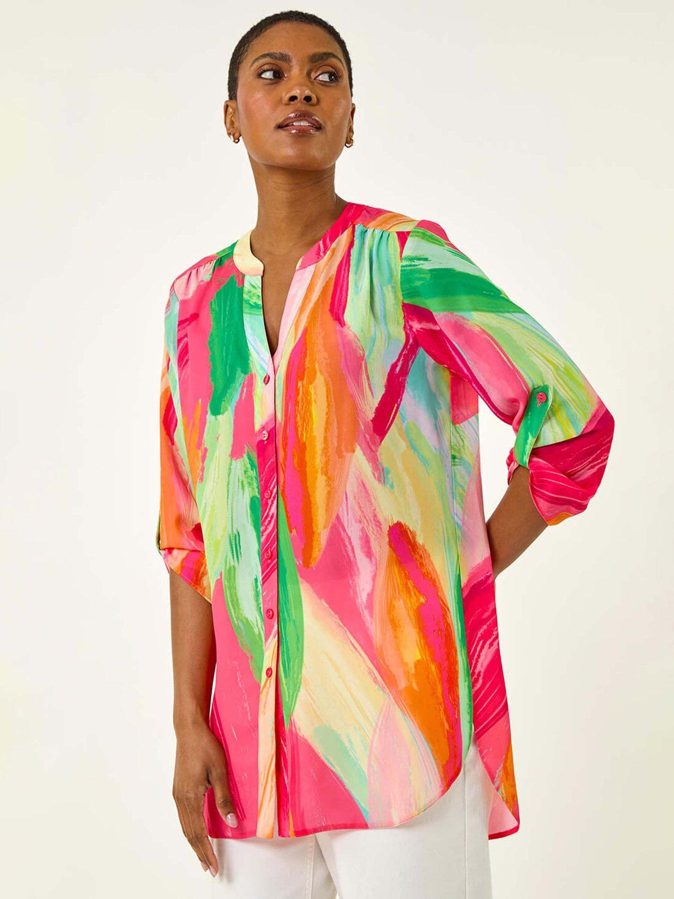 undefined Abstract Print V-neck Button Blouse - Pink