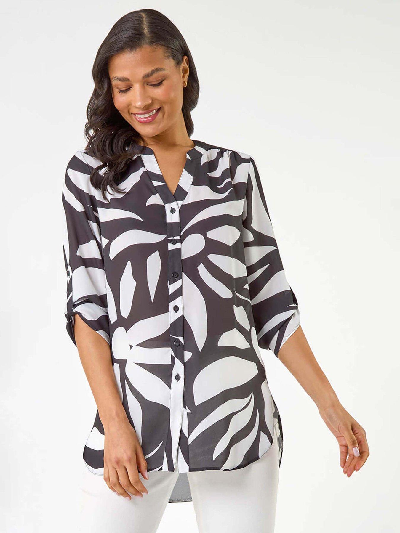 undefined Mono Print Button Front Blouse - Black