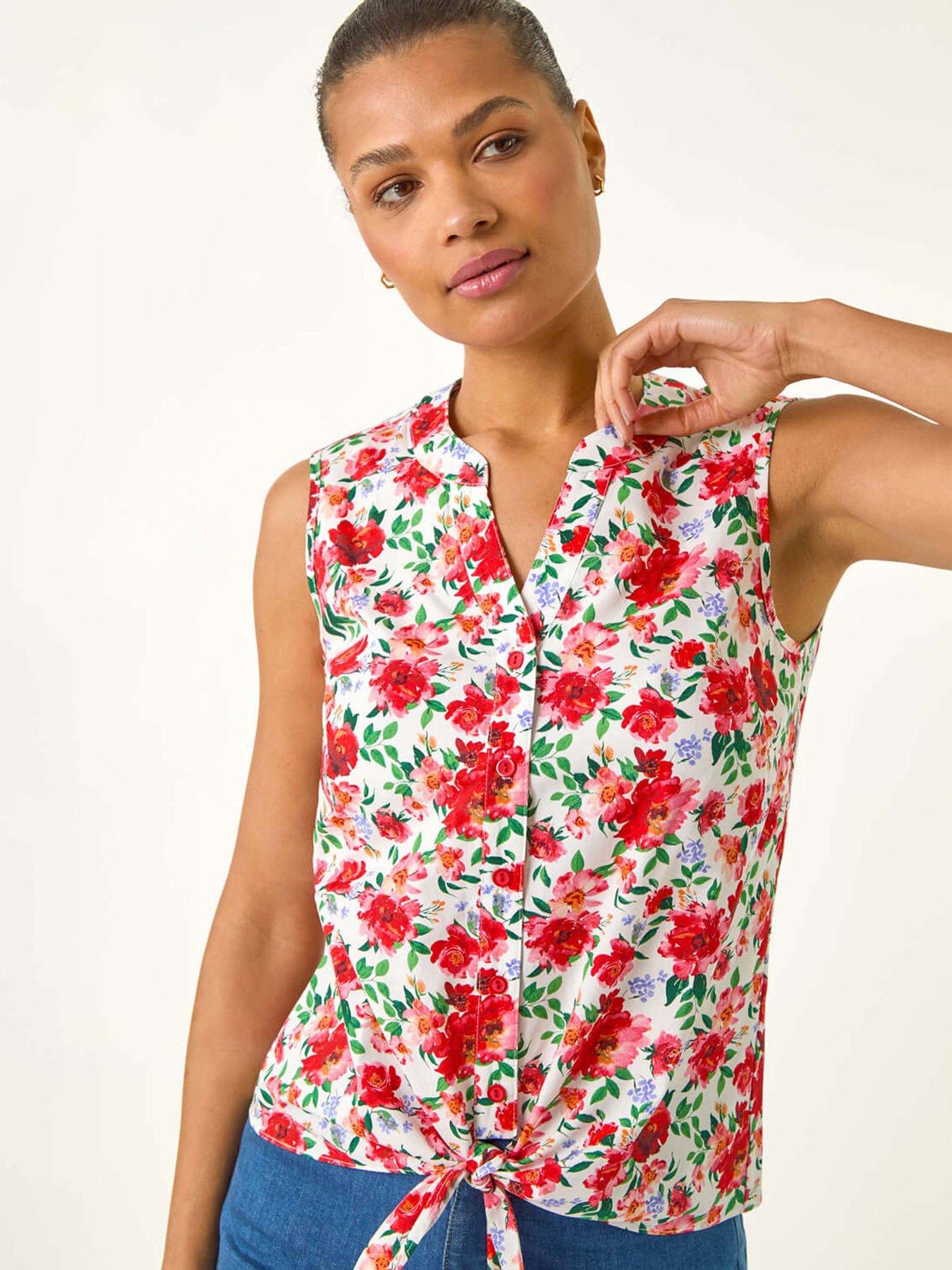 undefined Floral Tie Front Blouse - Red