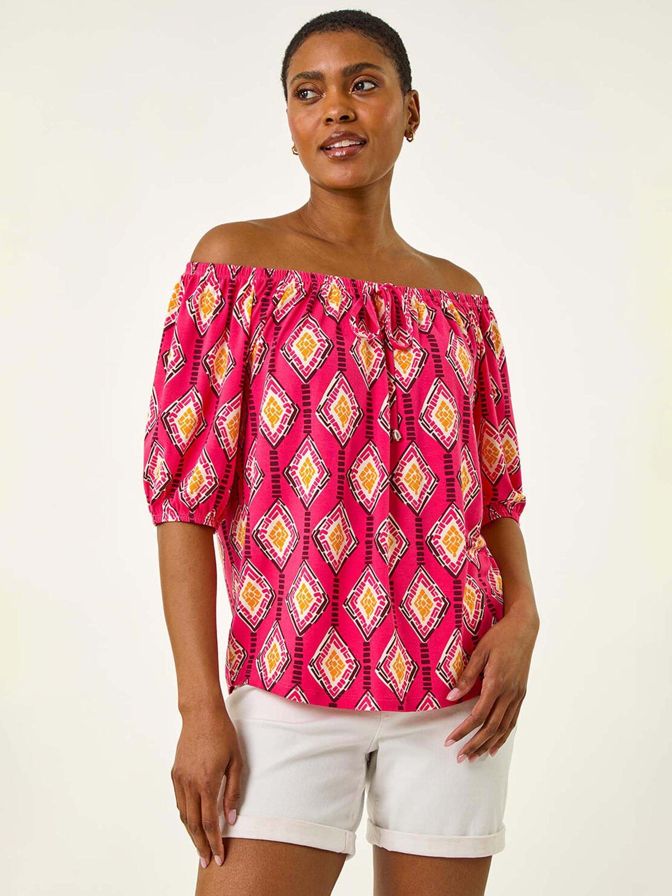 undefined Printed Bardot Tie Front Stretch Top - Pink
