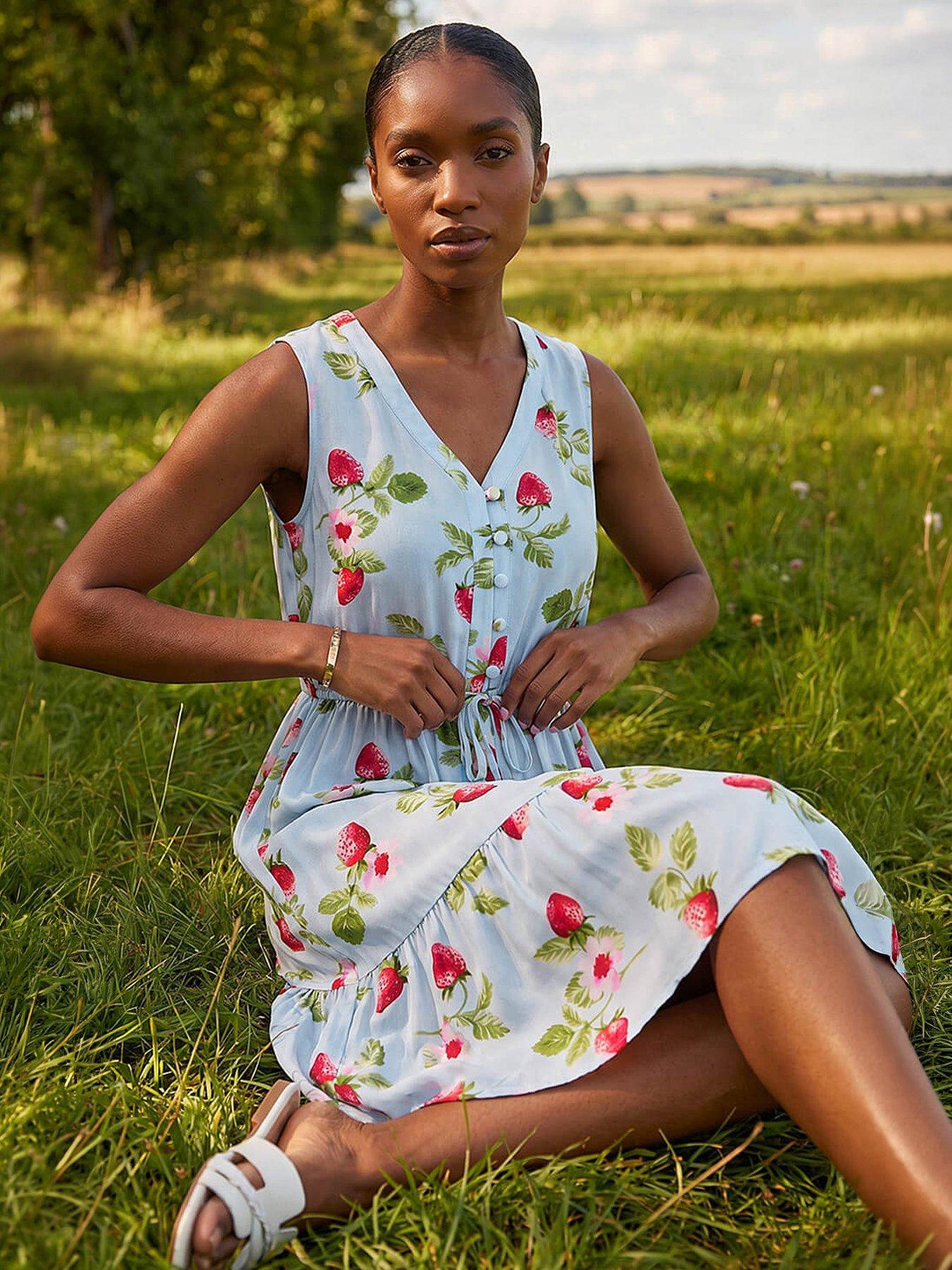 Roman Petite Strawberry Tie Waist Dress - Blue