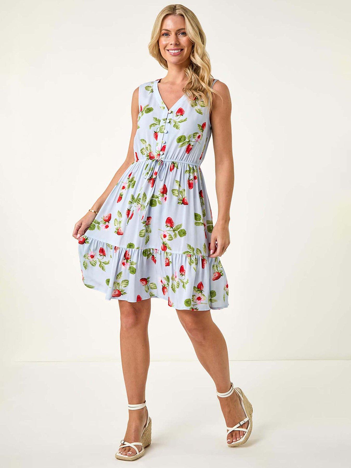 Roman Petite Strawberry Tie Waist Dress - Blue
