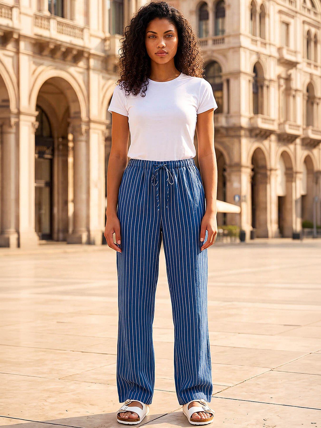 Image 1 of 5 of Roman Petite Stripe Pull On Stretch Trouser - Blue