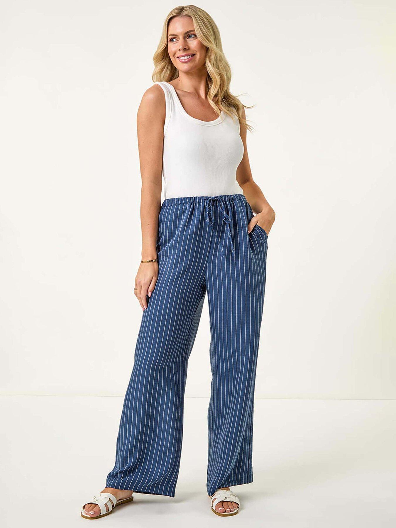 Image 3 of 5 of Roman Petite Stripe Pull On Stretch Trouser - Blue