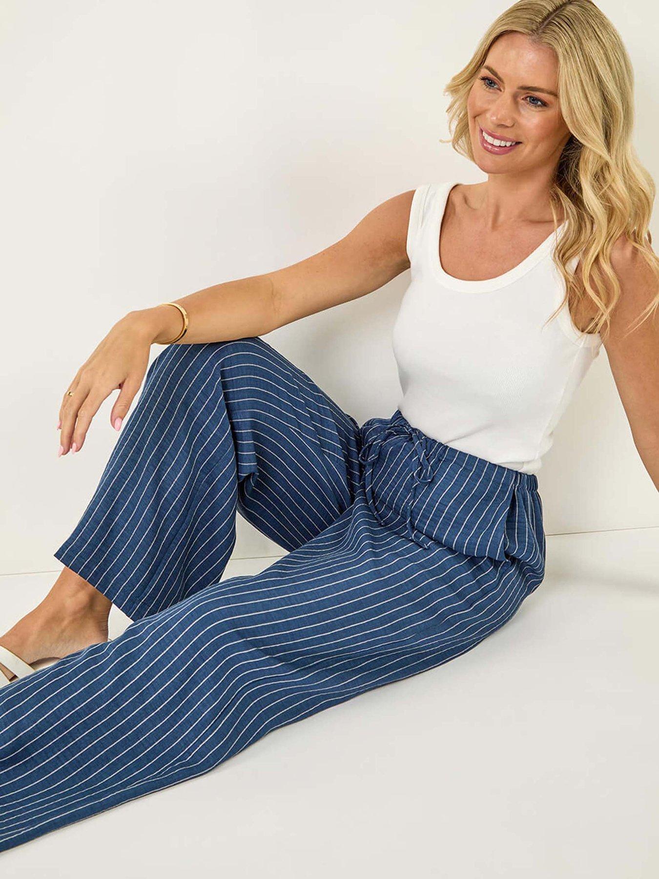 Image 4 of 5 of Roman Petite Stripe Pull On Stretch Trouser - Blue