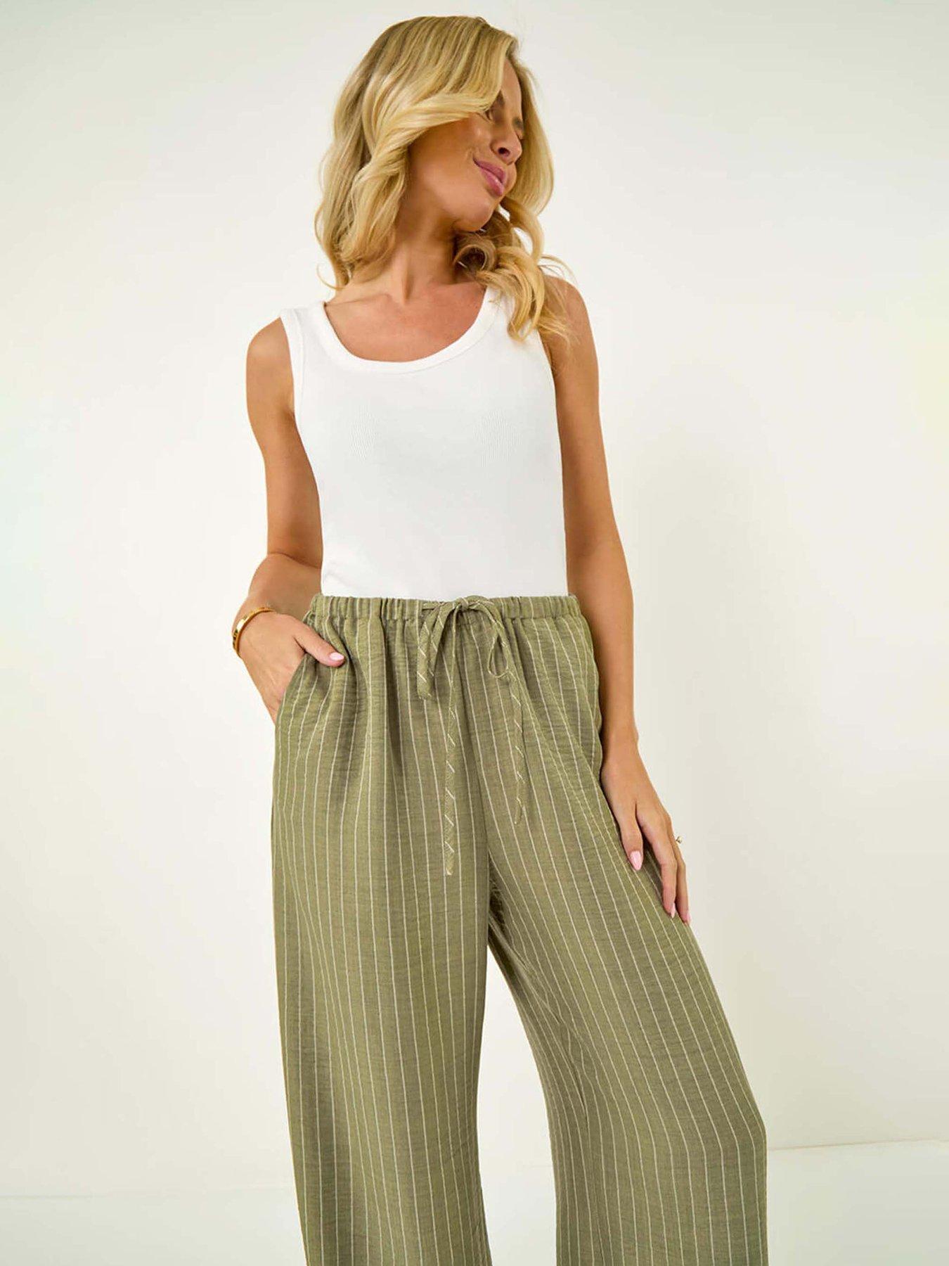 Image 4 of 5 of Roman Petite Stripe Pull On Stretch Trouser - Khaki
