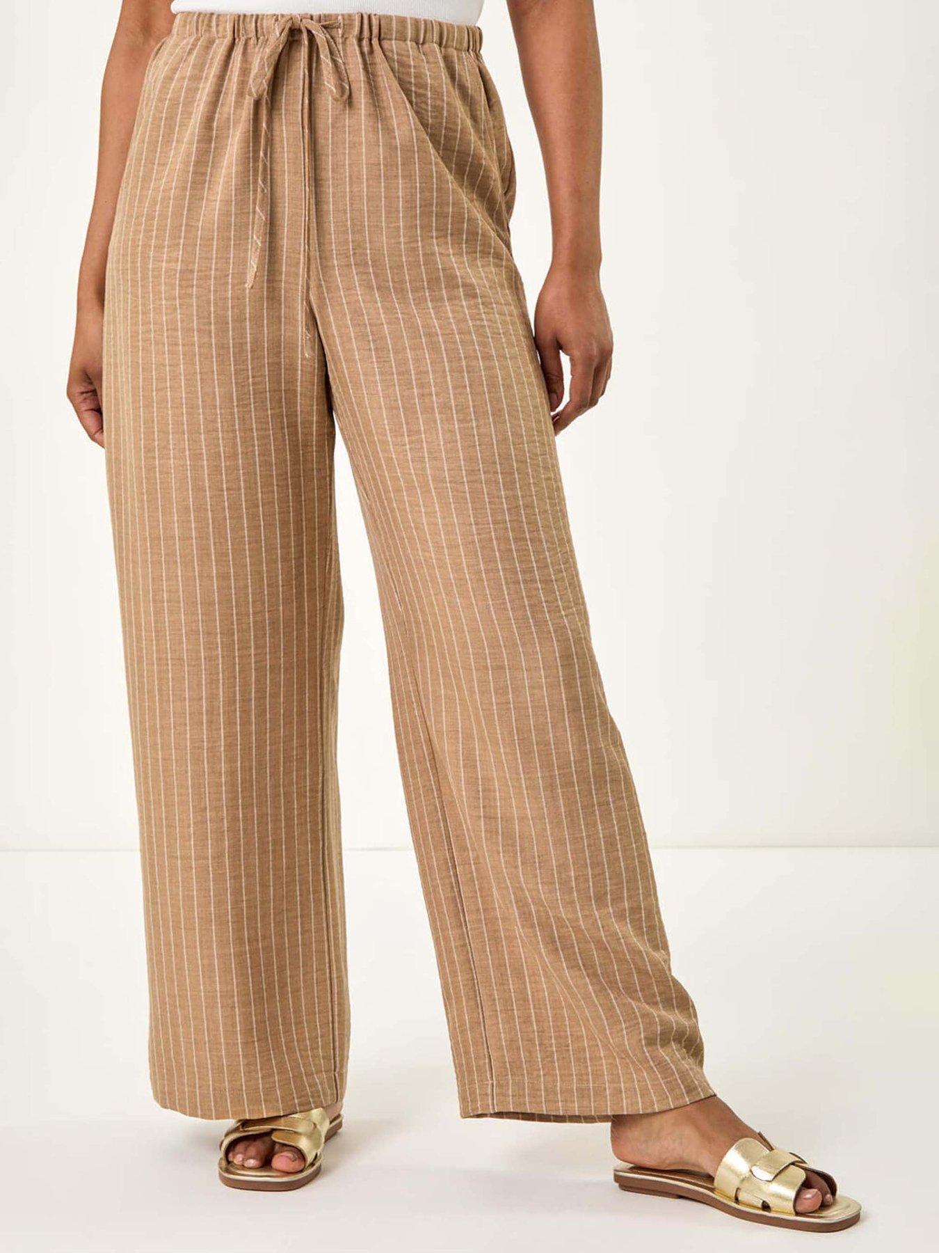 Roman Petite Stripe Pull On Stretch Trouser - Stone
