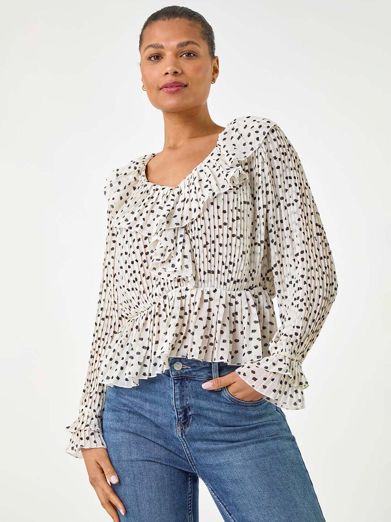 Image 1 of 4 of Roman Spot Frill Pleated Peplum Blouse - White