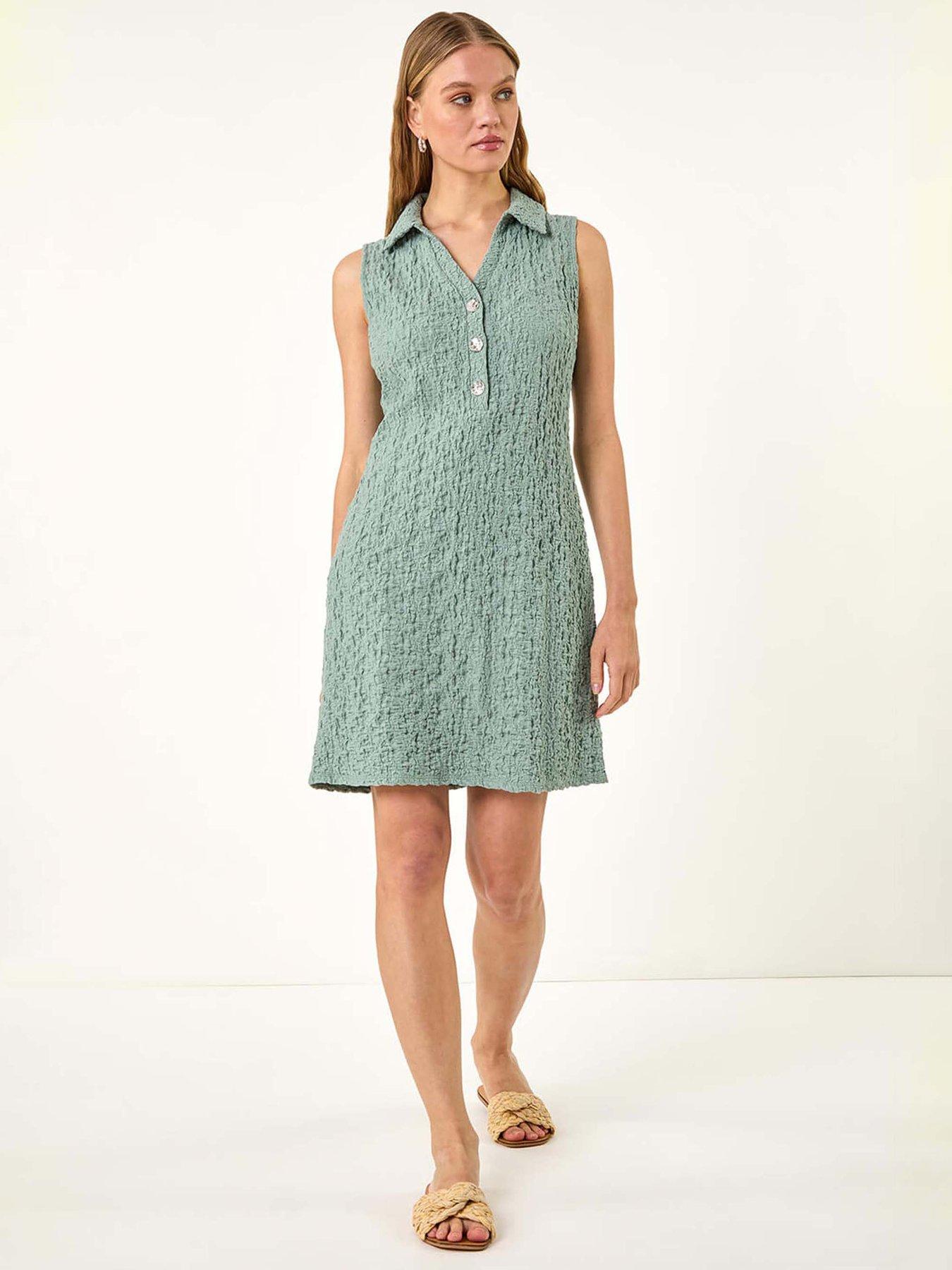 undefined Crinkle Collared A-line Stretch Dress - Sage