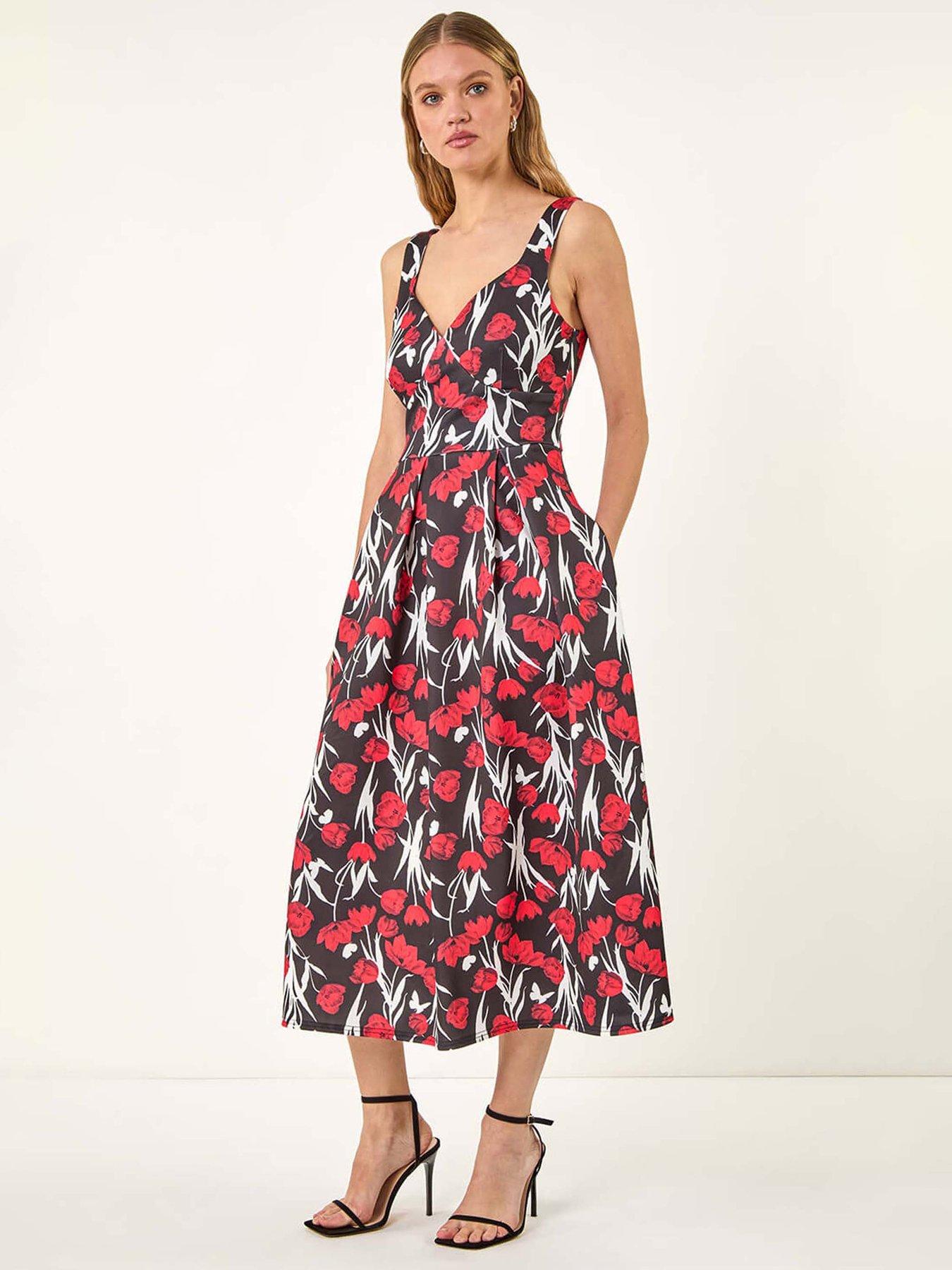 undefined Sweet Heart Floral Print Stretch Dress - Red