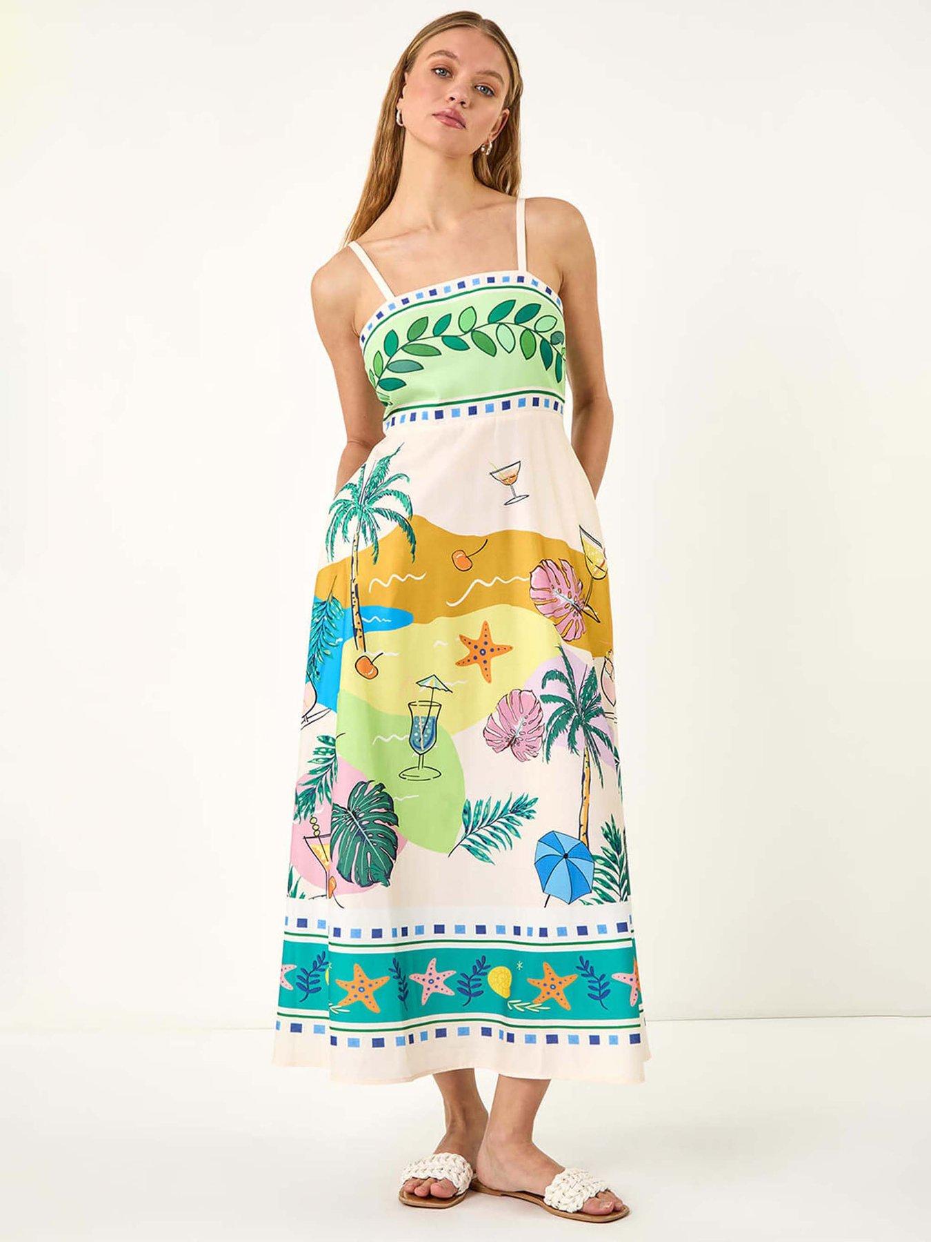 undefined Beach Print Strappy Midi Dress - Ivory